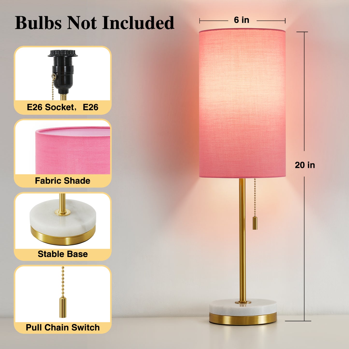 NATYSWAN Minimalist Table Lamp Set of 2, Nightstand Lamp for Bedroom Living Room, Modern Pull Chain Bedside Lamp with Marble Base, Fabric Shade, Small Desk Lamp for Home, Office, Reading