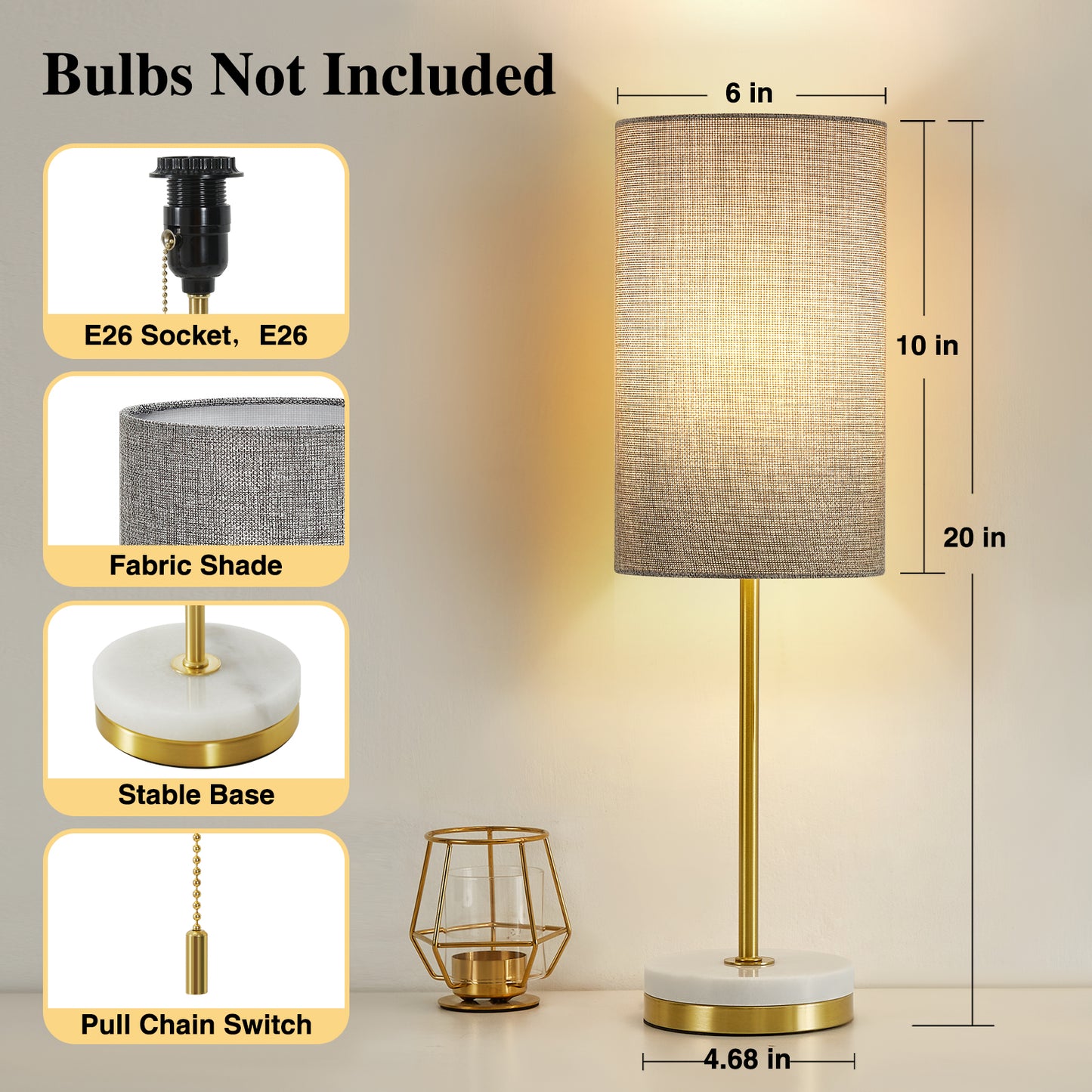 NATYSWAN Minimalist Table Lamp Set of 2, Nightstand Lamp for Bedroom Living Room, Modern Pull Chain Bedside Lamp with Marble Base, Fabric Shade, Small Desk Lamp for Home, Office, Reading