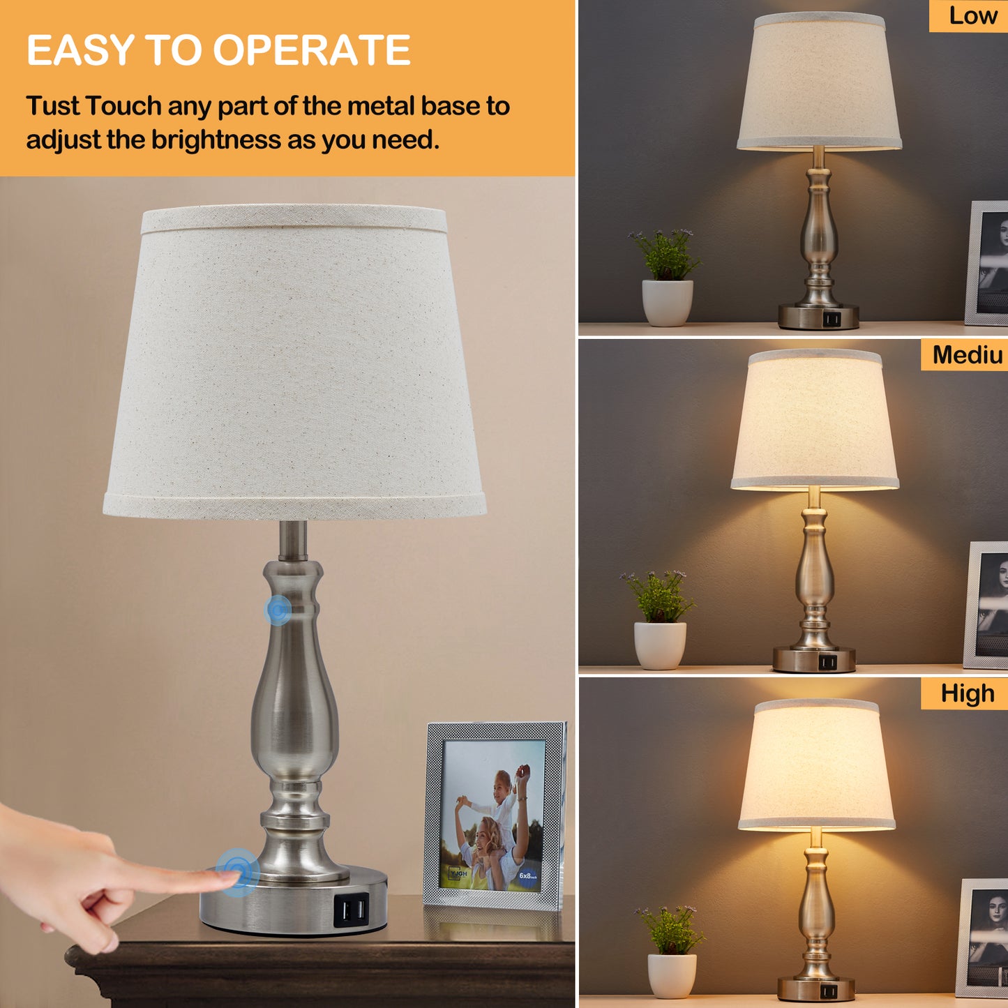 NATYSWAN Table Lamps Set of 2, Lamps for Bedroom with USB Charging Ports, 3 Way Dimmable Touch with Linen Fabric Lampshade, Modern Small Lamp for Nightstand, Living Room (Bulbs Included)