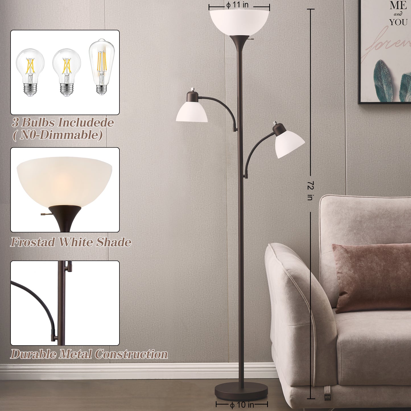 NATYSWAN Floor Lamps for Living Room,Torchiere Floor Lamp with 8W Adjustable Reading Lights, Morden Tall Lamps for Living Room, Bedroom, Office, 3 Bulbs Included