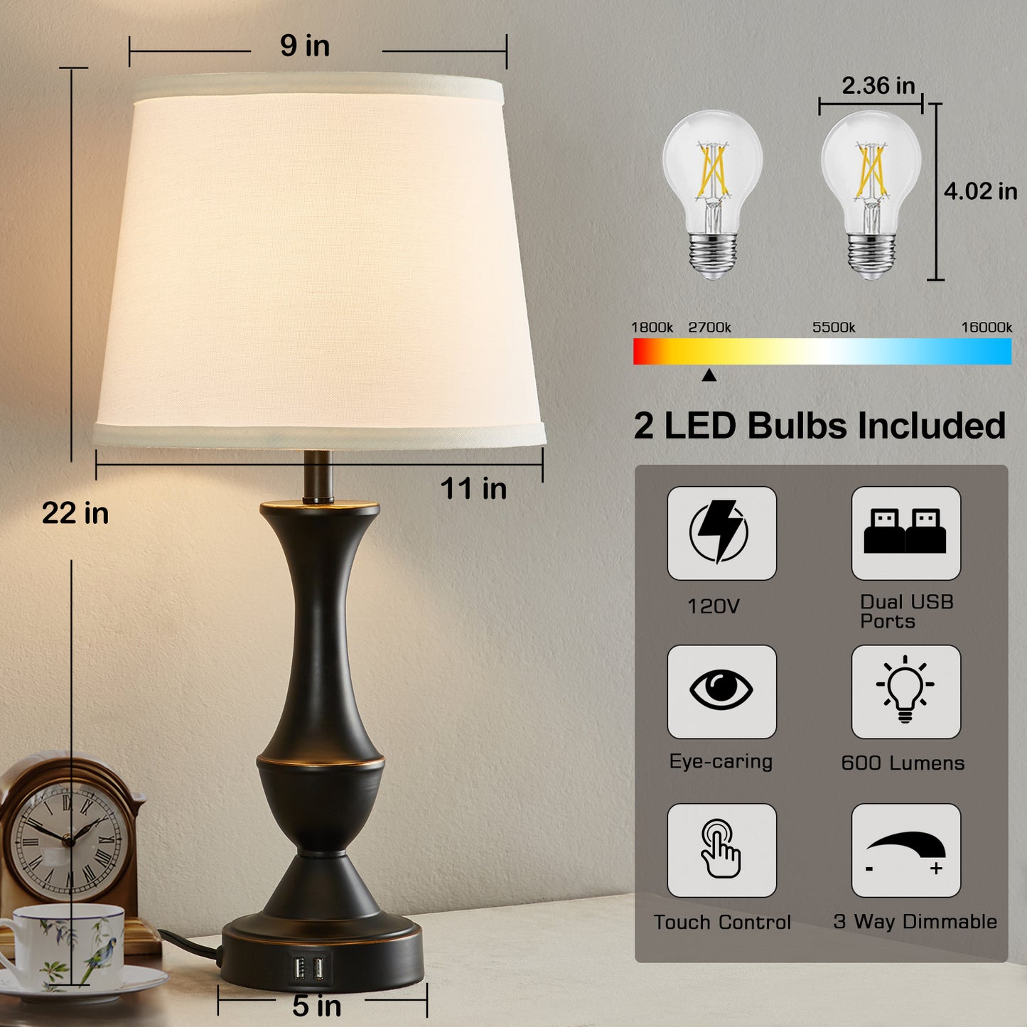 Natyswan Touch Lamps for Bedrooms Set of 2, Bedside Lamp with Dual USB Charging Ports, 3 Way Dimmable Nightstand Lamps with Premium Linen Fabric Lampshade for Bedroom, Living Room (Bulb Included)