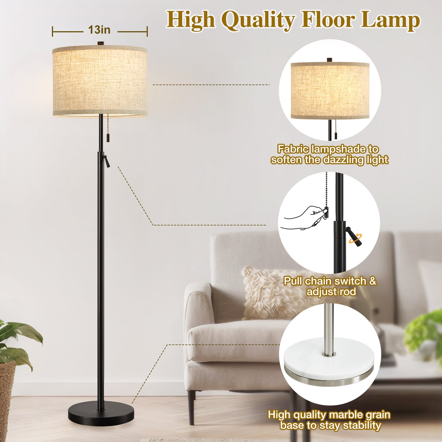 NATYSWAN Modern Floor Lamp for Living Room, Adjustable Height Standing Lamp with Marble Base Tall Lamp with Pull Chain Switch Floor Lamps for Living Room, Bedroom & Office Bulbs Not Included