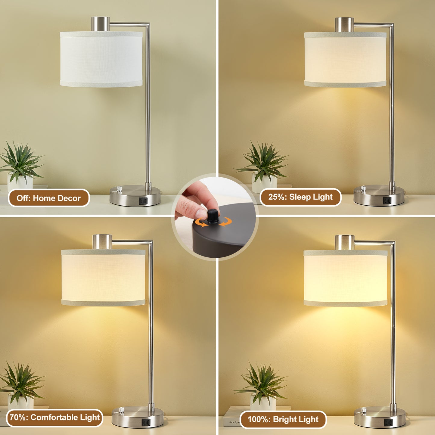 NATYSWAN Table Lamp for Bedroom Set of 2 with USB C+A Ports, Fully Stepless Dimmable Bedside Lamp with Linen Lampshade, Nightstand Lamp for Living Room Reading Office, 2 LED Bulbs Included