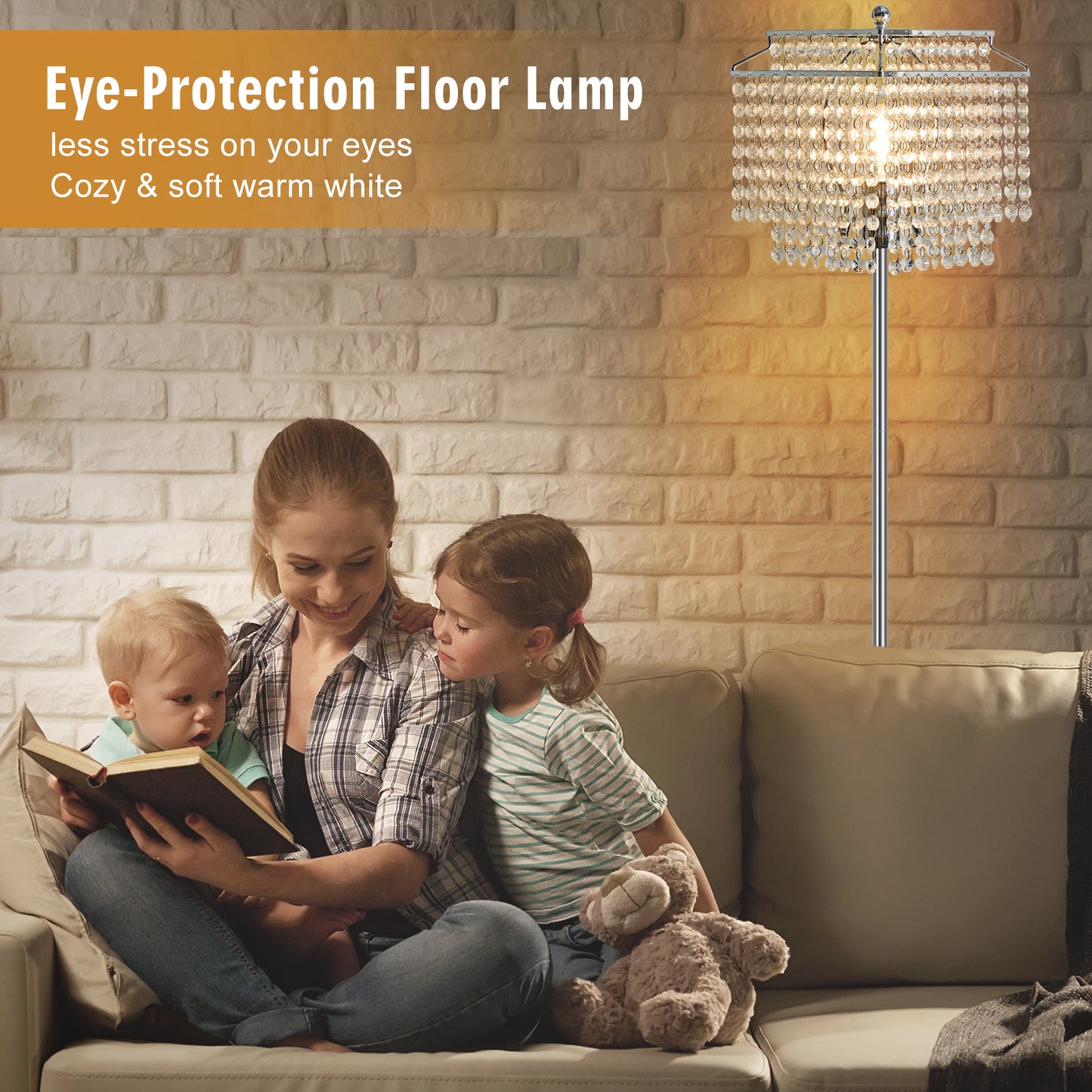 NATYSWAN Crystal Floor Lamp Gold, Modern Standing Lamps with Double-Layer Lampshade, on-off Foot Switch, Gold Finish Tall Pole Lamp for Living Room, Bedroom, Office, 8W Bulb Included