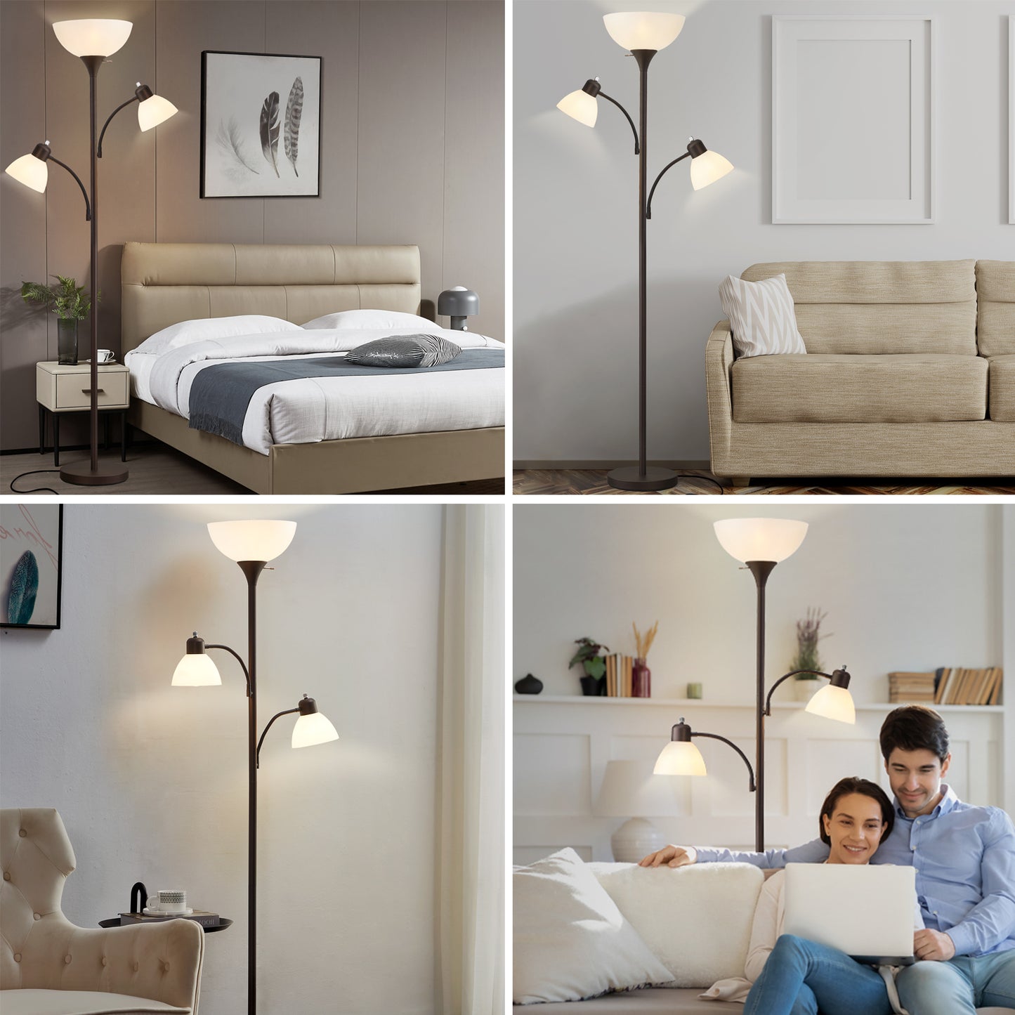 NATYSWAN Floor Lamps for Living Room,Torchiere Floor Lamp with 8W Adjustable Reading Lights, Morden Tall Lamps for Living Room, Bedroom, Office, 3 Bulbs Included