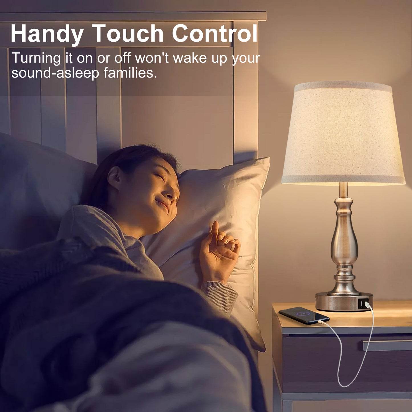 NATYSWAN Table Lamps Set of 2, Lamps for Bedroom with USB Charging Ports, 3 Way Dimmable Touch with Linen Fabric Lampshade, Modern Small Lamp for Nightstand, Living Room (Bulbs Included)