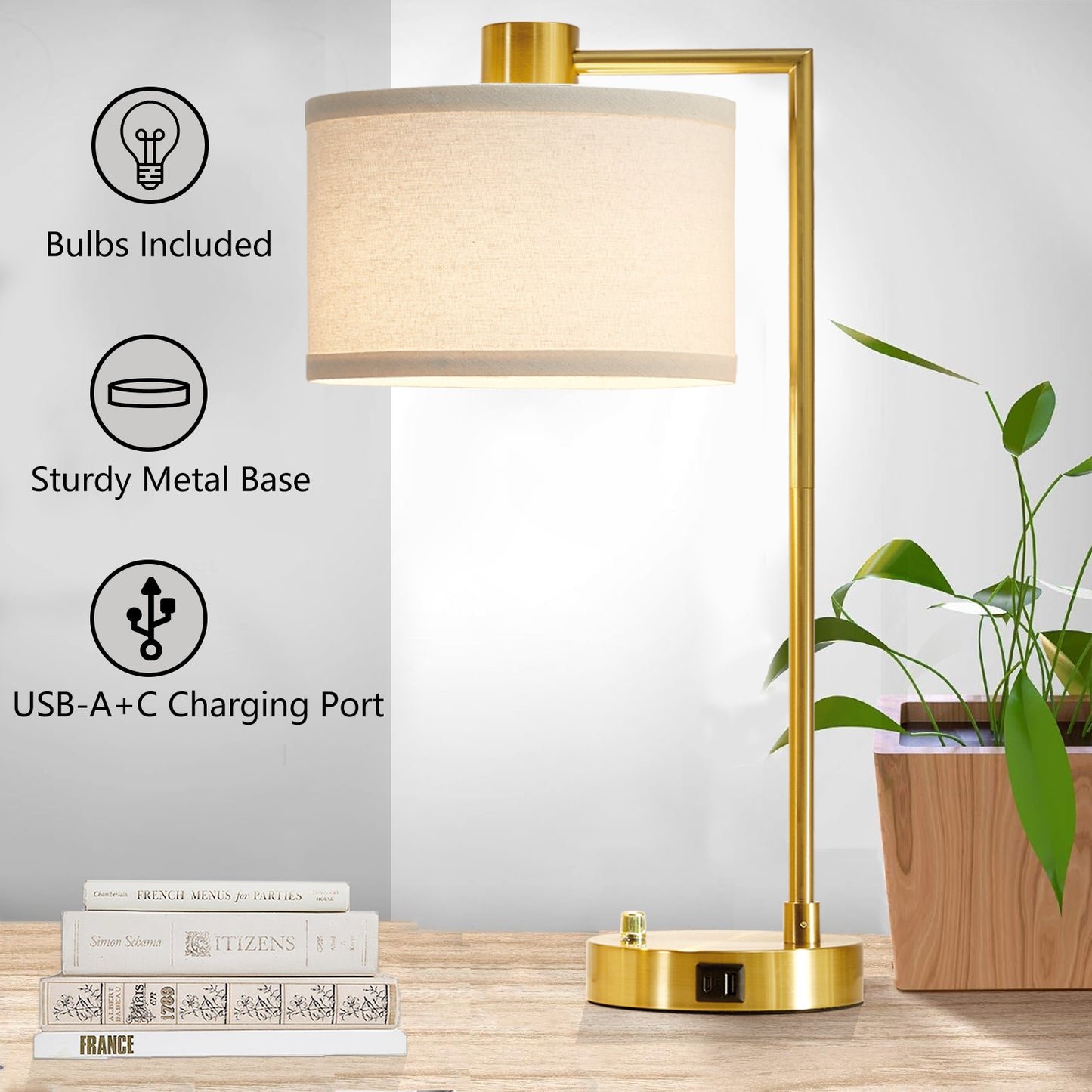 NATYSWAN Table Lamp for Bedroom Set of 2 with USB C+A Ports, Fully Stepless Dimmable Bedside Lamp with Linen Lampshade, Nightstand Lamp for Living Room Reading Office, 2 LED Bulbs Included