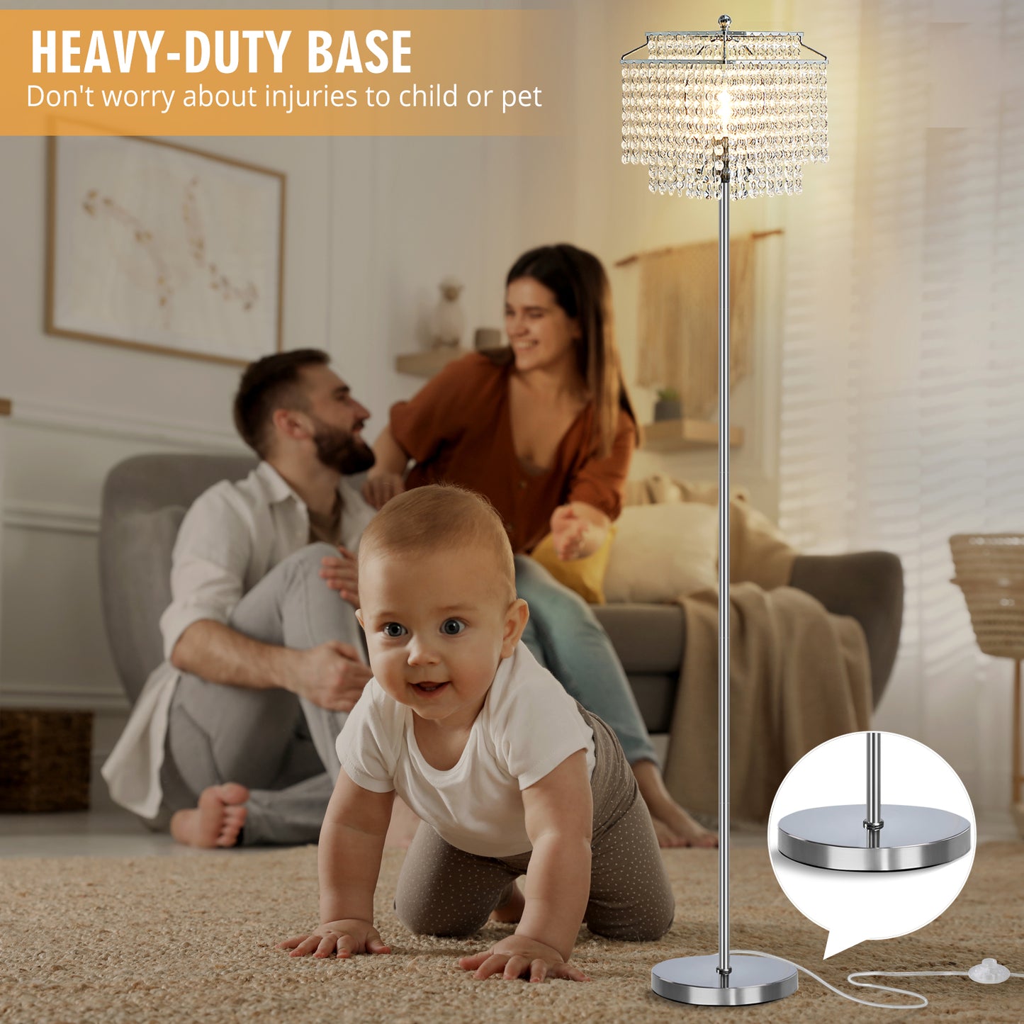 NATYSWAN Crystal Floor Lamp Gold, Modern Standing Lamps with Double-Layer Lampshade, on-off Foot Switch, Gold Finish Tall Pole Lamp for Living Room, Bedroom, Office, 8W Bulb Included