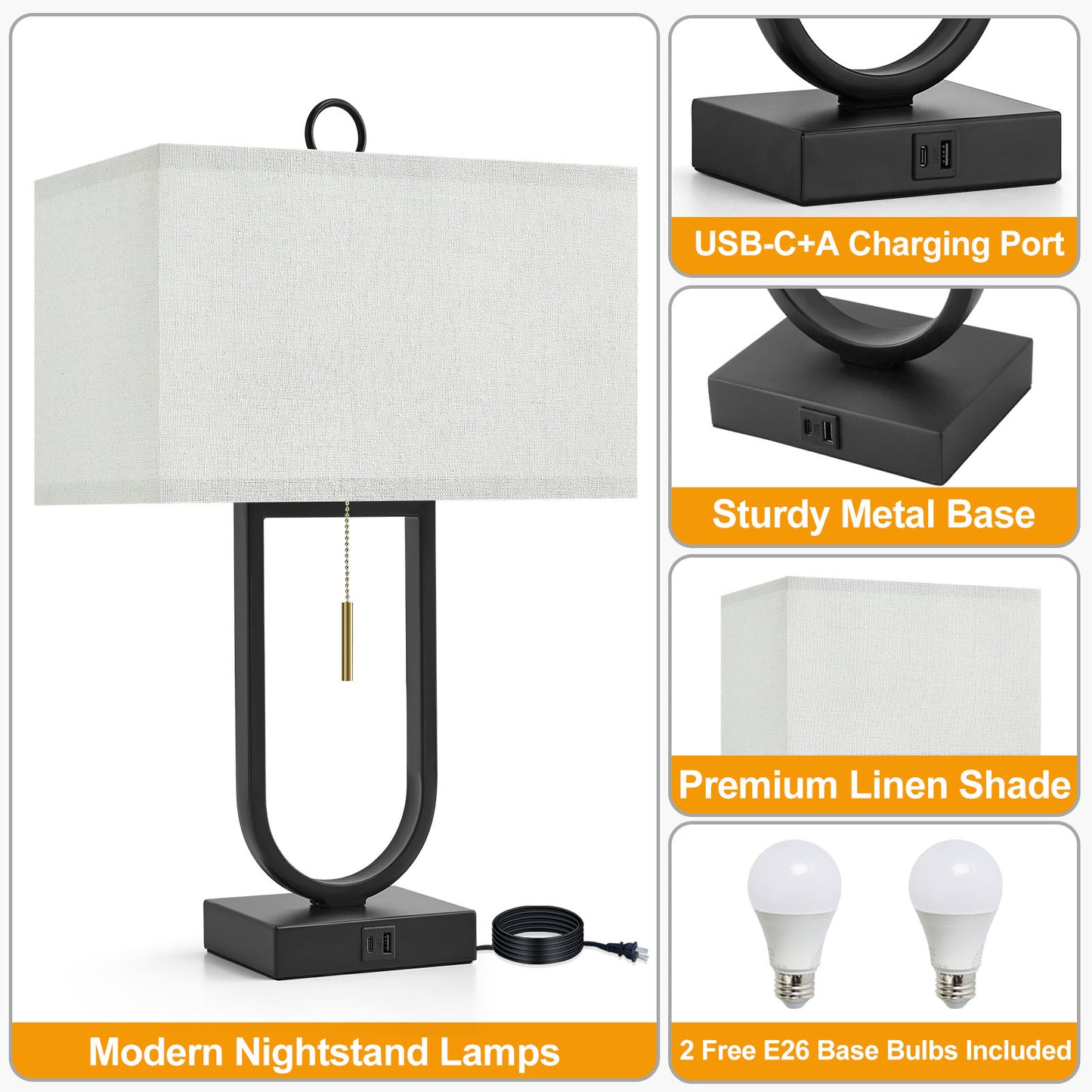 NATYSWAN 24'' Table Lamps Set of 2 with USB C+A Ports, 3-Way Dimmable Tall Modern Lamps for Night Stands, Contemporary Lamp for Living Room Home Office, Pull Chain Switch&2 LED Bulbs Included