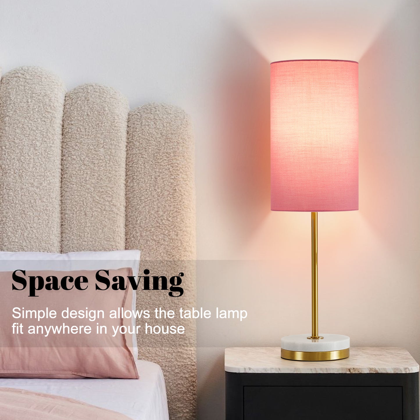 NATYSWAN Minimalist Table Lamp Set of 2, Nightstand Lamp for Bedroom Living Room, Modern Pull Chain Bedside Lamp with Marble Base, Fabric Shade, Small Desk Lamp for Home, Office, Reading