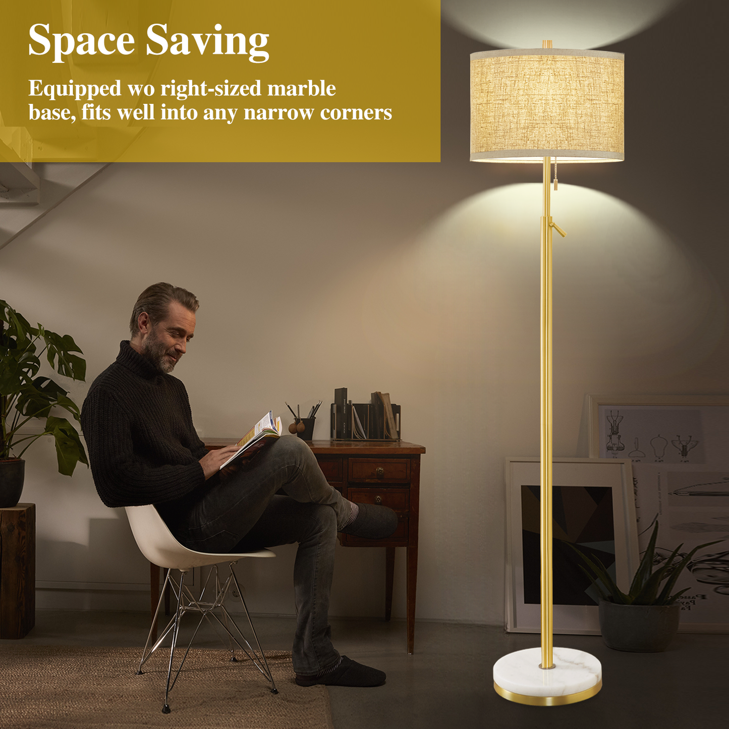 NATYSWAN Modern Floor Lamp for Living Room, Adjustable Height Standing Lamp with Marble Base Tall Lamp with Pull Chain Switch Floor Lamps for Living Room, Bedroom & Office Bulbs Not Included