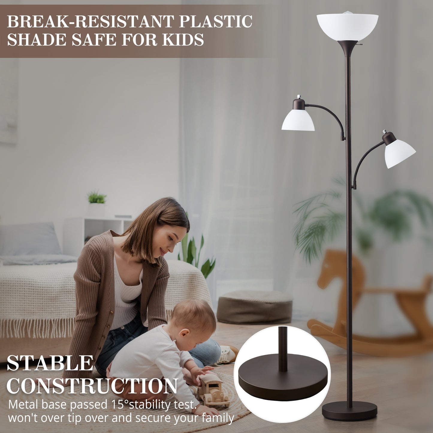 NATYSWAN Floor Lamps for Living Room,Torchiere Floor Lamp with 8W Adjustable Reading Lights, Morden Tall Lamps for Living Room, Bedroom, Office, 3 Bulbs Included