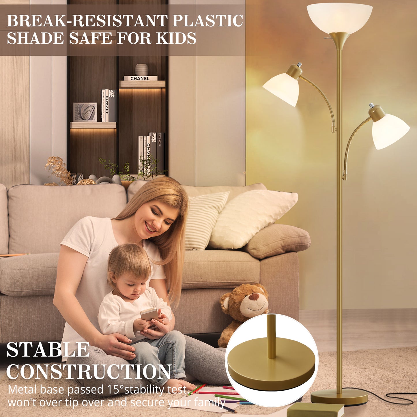 NATYSWAN Floor Lamps for Living Room,Torchiere Floor Lamp with 8W Adjustable Reading Lights, Morden Tall Lamps for Living Room, Bedroom, Office, 3 Bulbs Included