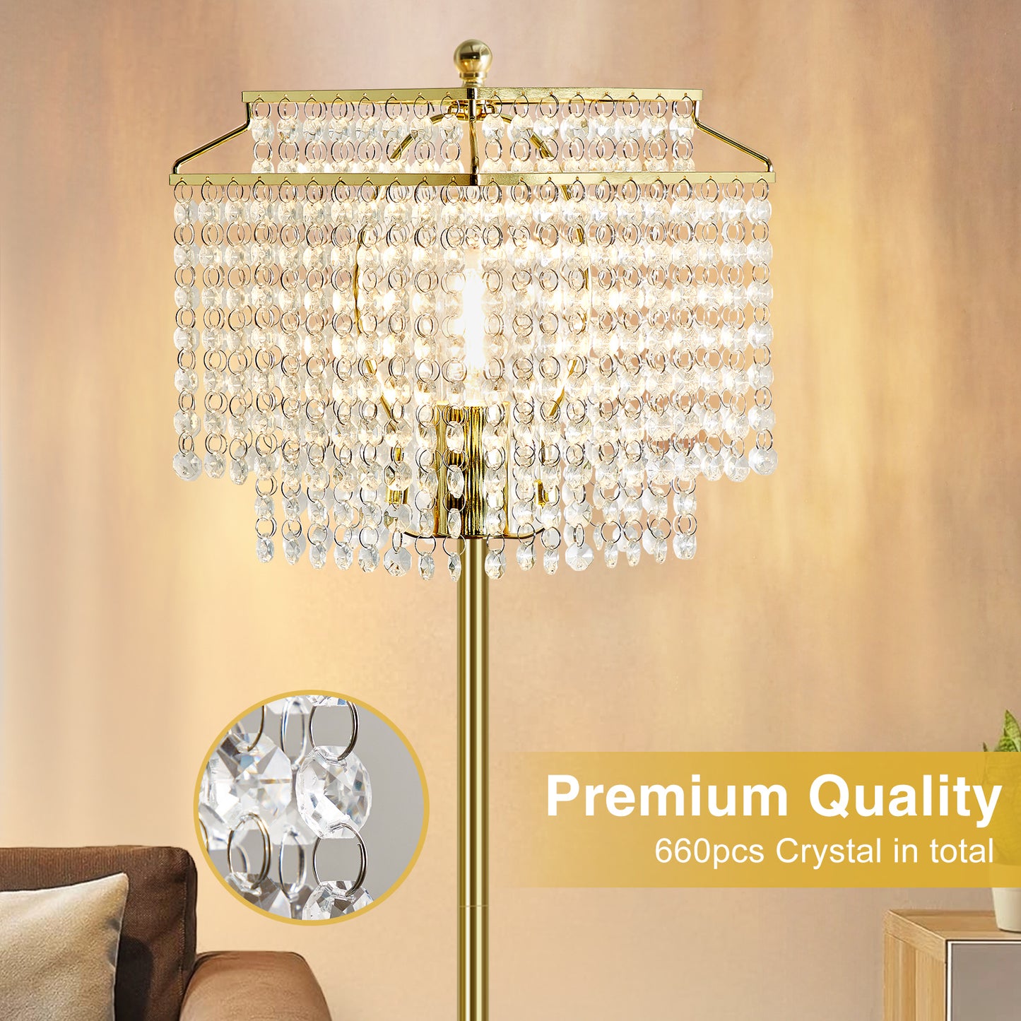 NATYSWAN Crystal Floor Lamp Gold, Modern Standing Lamps with Double-Layer Lampshade, on-off Foot Switch, Gold Finish Tall Pole Lamp for Living Room, Bedroom, Office, 8W Bulb Included