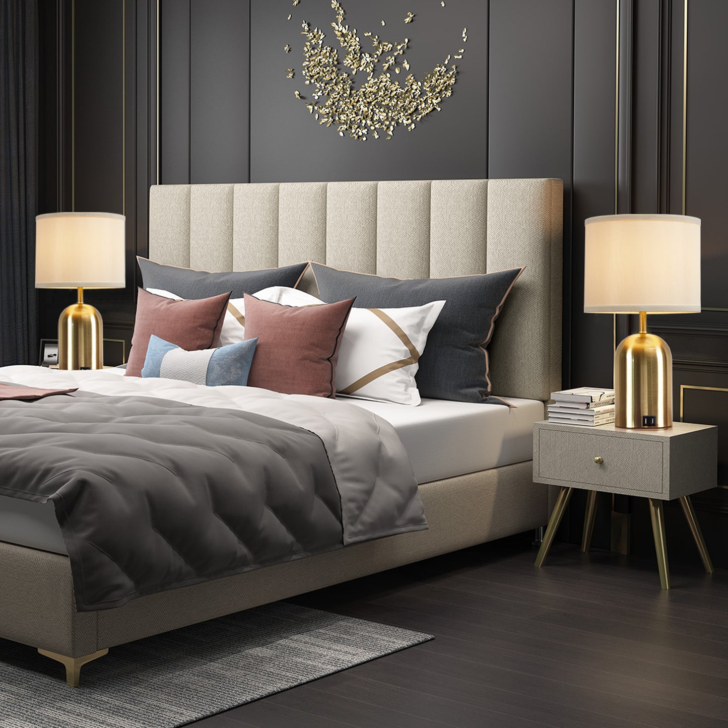 Natyswan Touch Control Table Lamps Set of 2, Modern Bedside Lamp with 2 USB Ports, 3-Way Dimmable Black Nightstand Lamp with Fabric Shade for Living Room Bedroom Office Dorm (LED Bulbs Included)