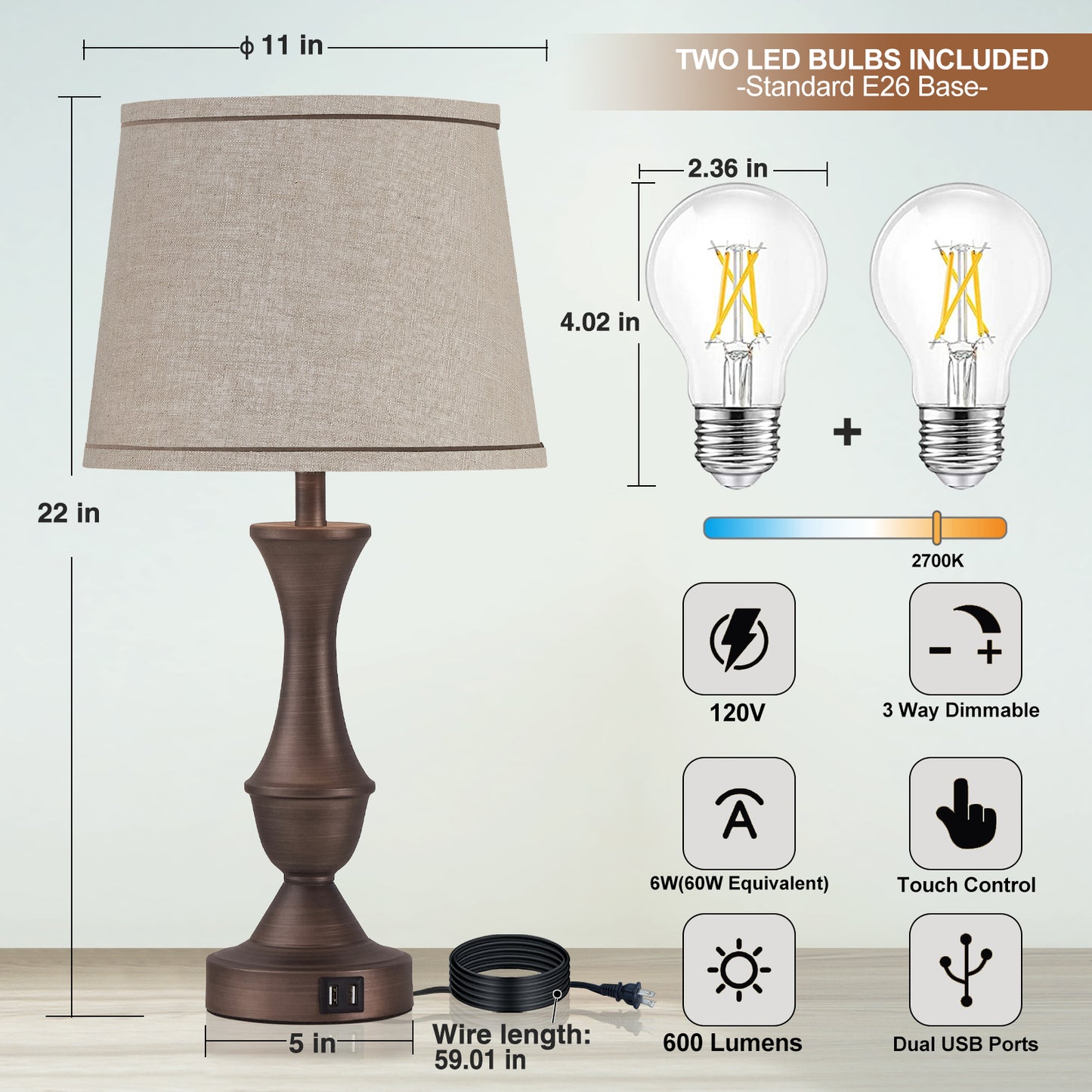 Natyswan Touch Lamps for Bedrooms Set of 2, Bedside Lamp with Dual USB Charging Ports, 3 Way Dimmable Nightstand Lamps with Premium Linen Fabric Lampshade for Bedroom, Living Room (Bulb Included)