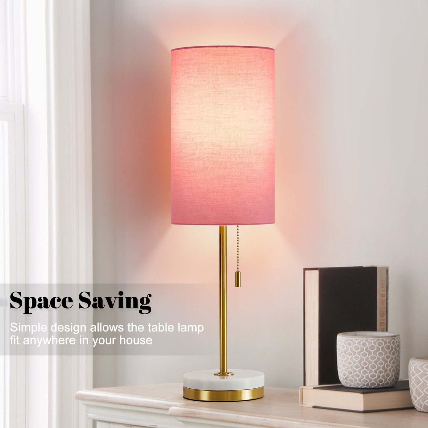 NATYSWAN Minimalist Table Lamp Set of 2, Nightstand Lamp for Bedroom Living Room, Modern Pull Chain Bedside Lamp with Marble Base, Fabric Shade, Small Desk Lamp for Home, Office, Reading