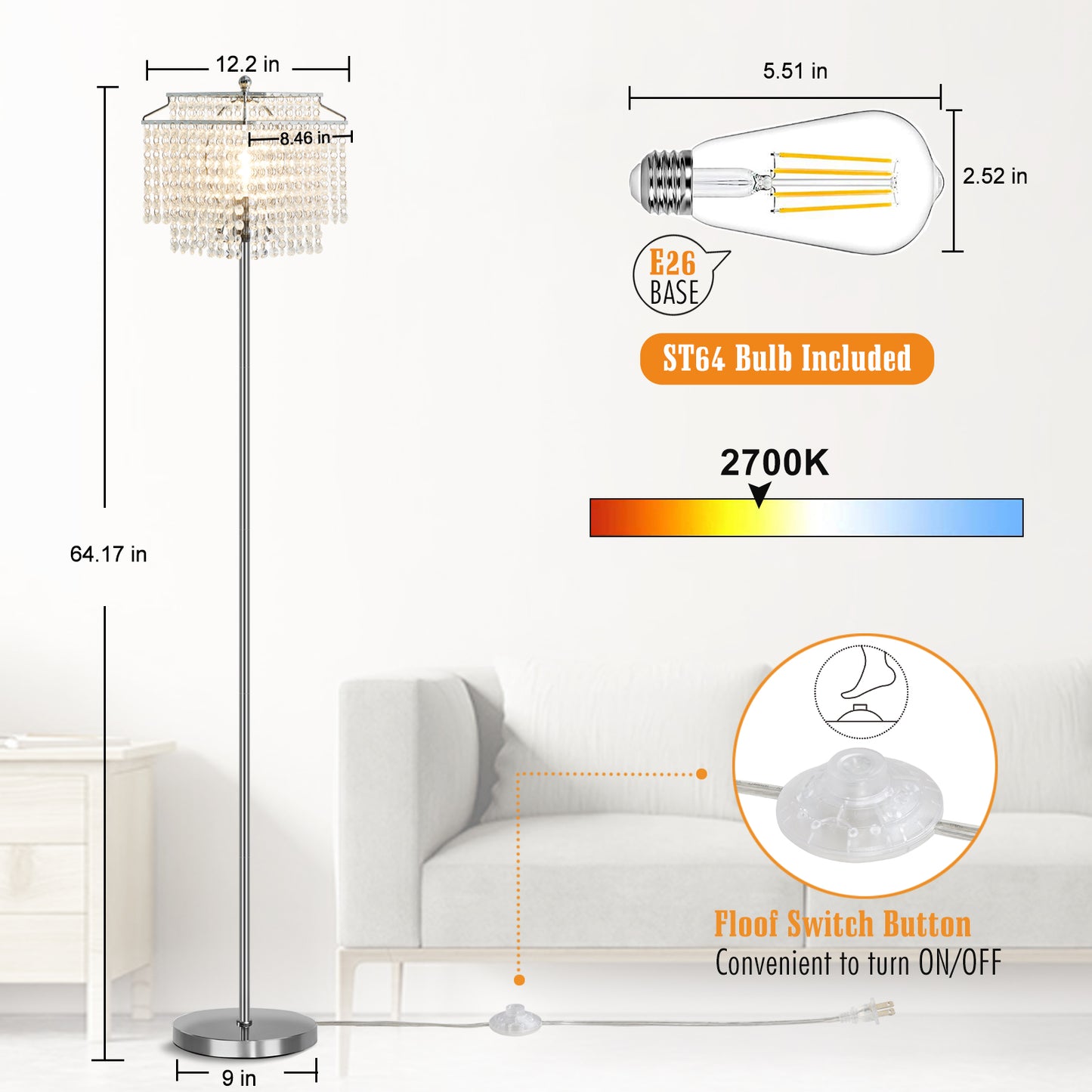 NATYSWAN Crystal Floor Lamp Gold, Modern Standing Lamps with Double-Layer Lampshade, on-off Foot Switch, Gold Finish Tall Pole Lamp for Living Room, Bedroom, Office, 8W Bulb Included