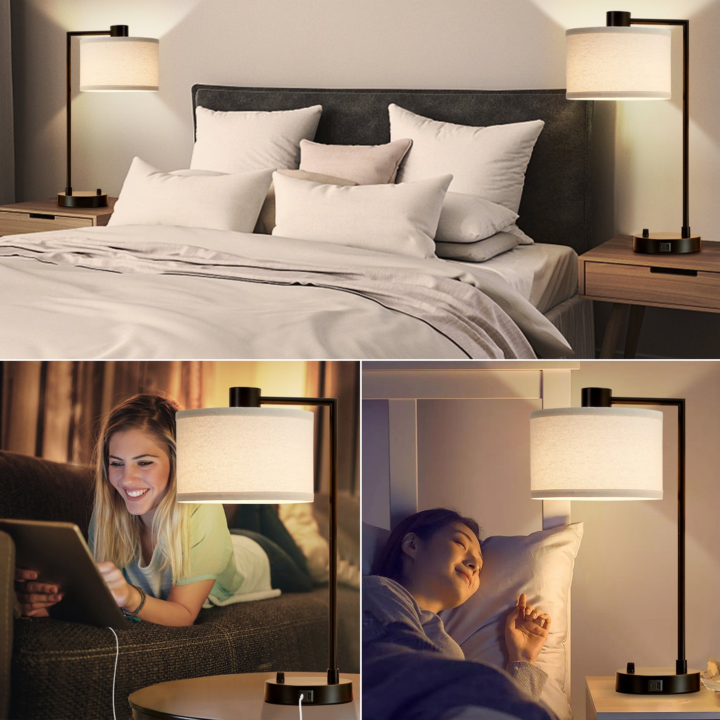 NATYSWAN Table Lamp for Bedroom Set of 2 with USB C+A Ports, Fully Stepless Dimmable Bedside Lamp with Linen Lampshade, Nightstand Lamp for Living Room Reading Office, 2 LED Bulbs Included