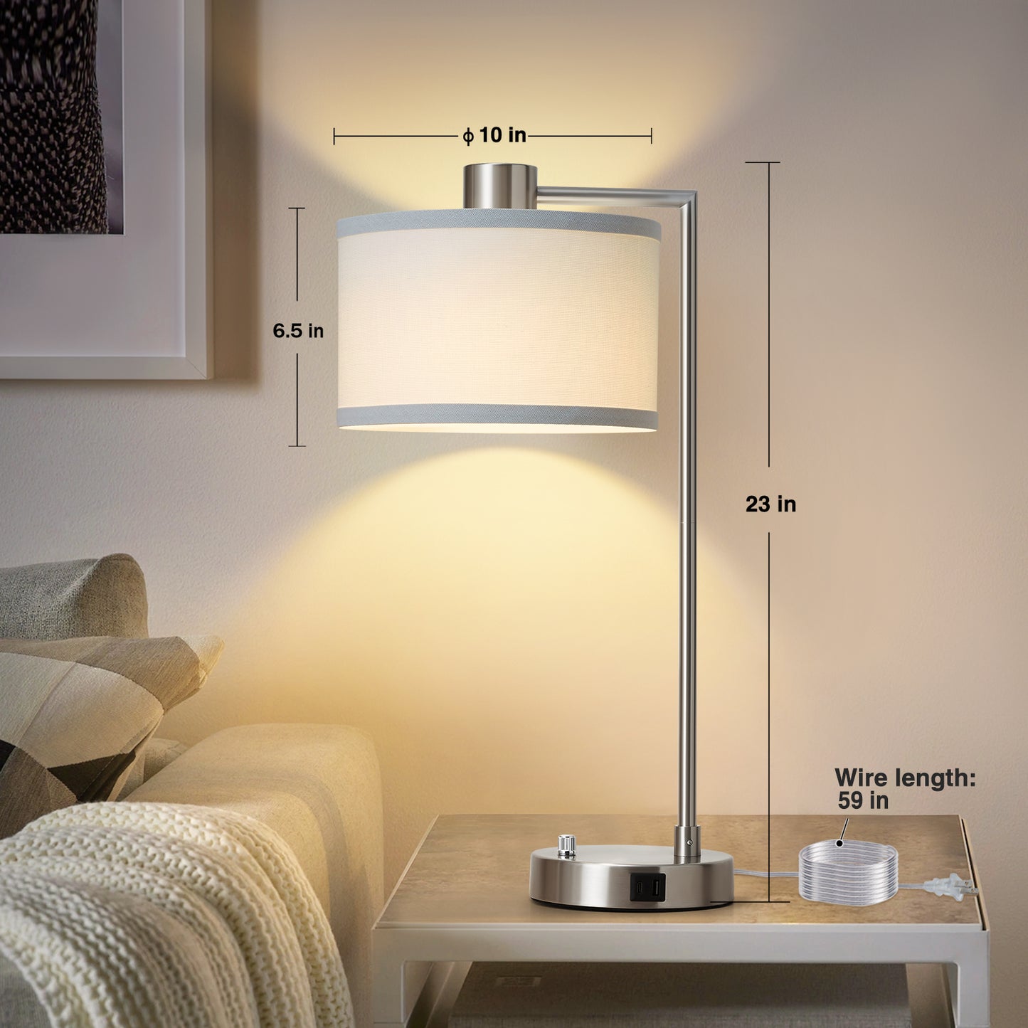 NATYSWAN Table Lamp for Bedroom Set of 2 with USB C+A Ports, Fully Stepless Dimmable Bedside Lamp with Linen Lampshade, Nightstand Lamp for Living Room Reading Office, 2 LED Bulbs Included