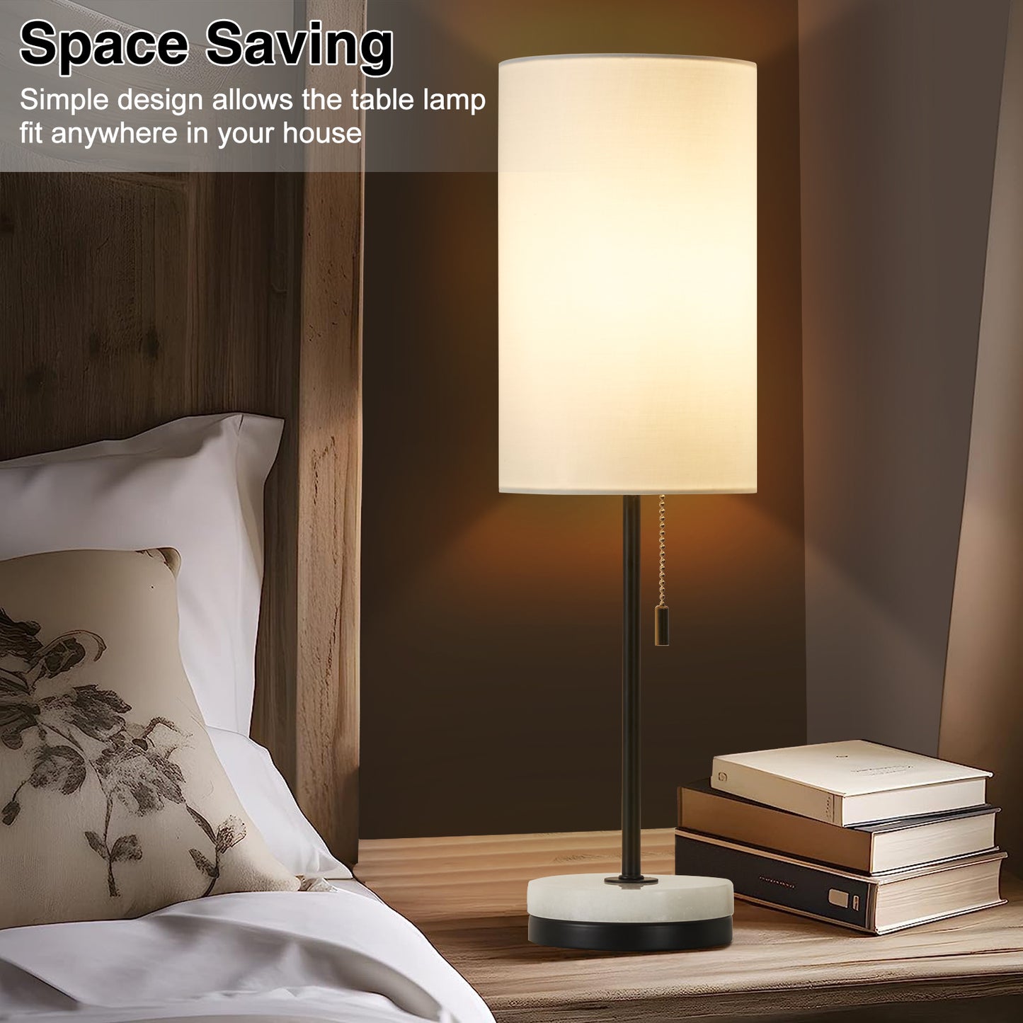 NATYSWAN Minimalist Table Lamp Set of 2, Nightstand Lamp for Bedroom Living Room, Modern Pull Chain Bedside Lamp with Marble Base, Fabric Shade, Small Desk Lamp for Home, Office, Reading