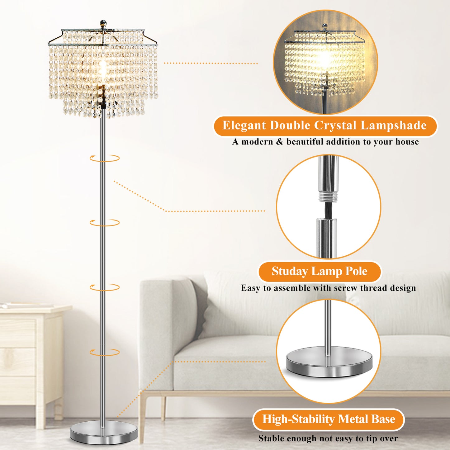 NATYSWAN Crystal Floor Lamp Gold, Modern Standing Lamps with Double-Layer Lampshade, on-off Foot Switch, Gold Finish Tall Pole Lamp for Living Room, Bedroom, Office, 8W Bulb Included