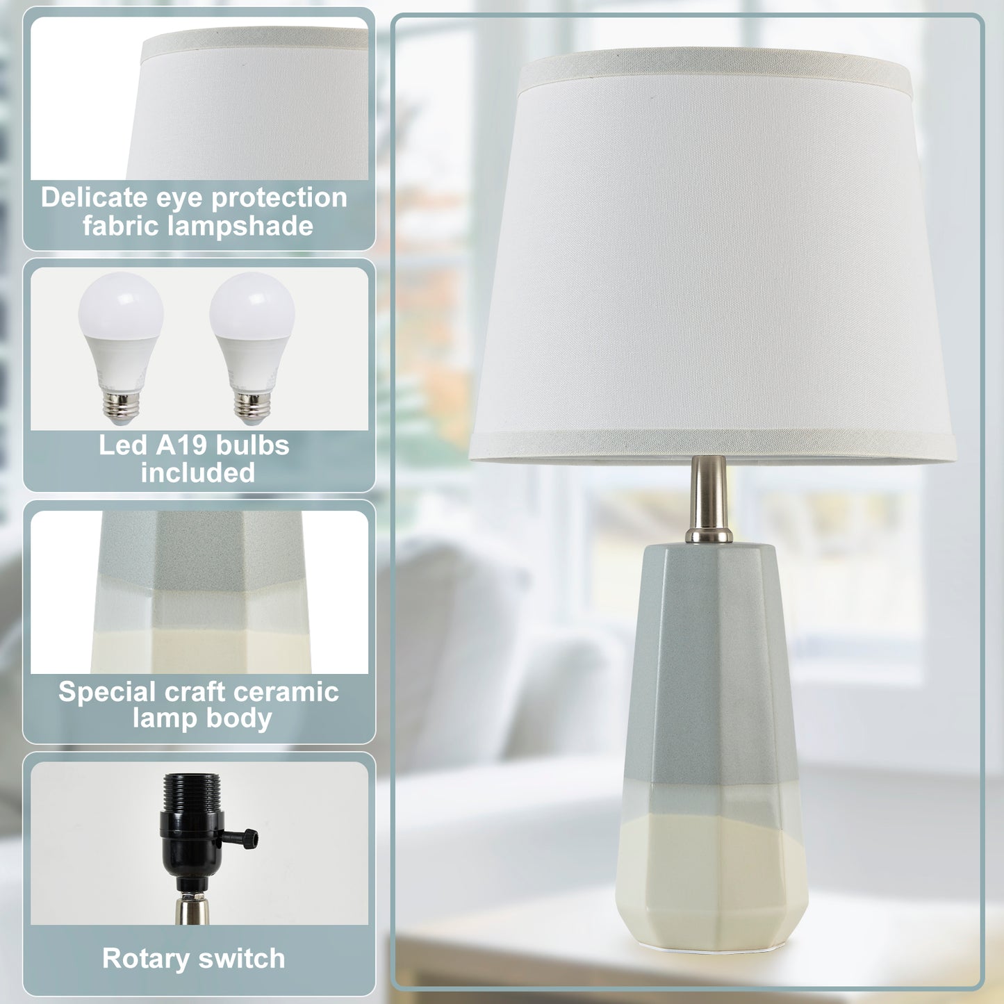 NATYSWAN 20.2" Ceramic Table Lamp Set of 2, Beside Lamps Nightstand Lamp Bedroom Lamp Modern Table Lamp for Living Room, Bedroom & Office Rocker Swtich LED Bulbs Included