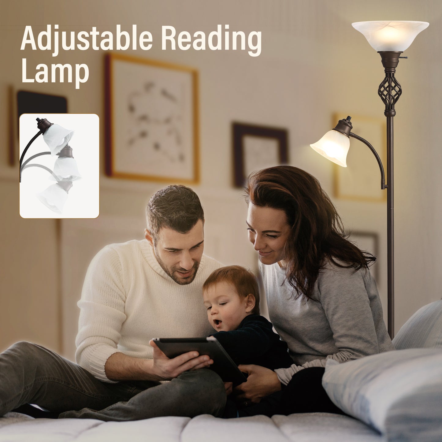 NATYSWAN Standing Lamp with Adjustable Side Reading Light, Floor Lamps for Living Room with Glass Shade 72-Inch Torchiere Tall Lamps Decor for Bedroom Living Room Den Office (Bulb Included)