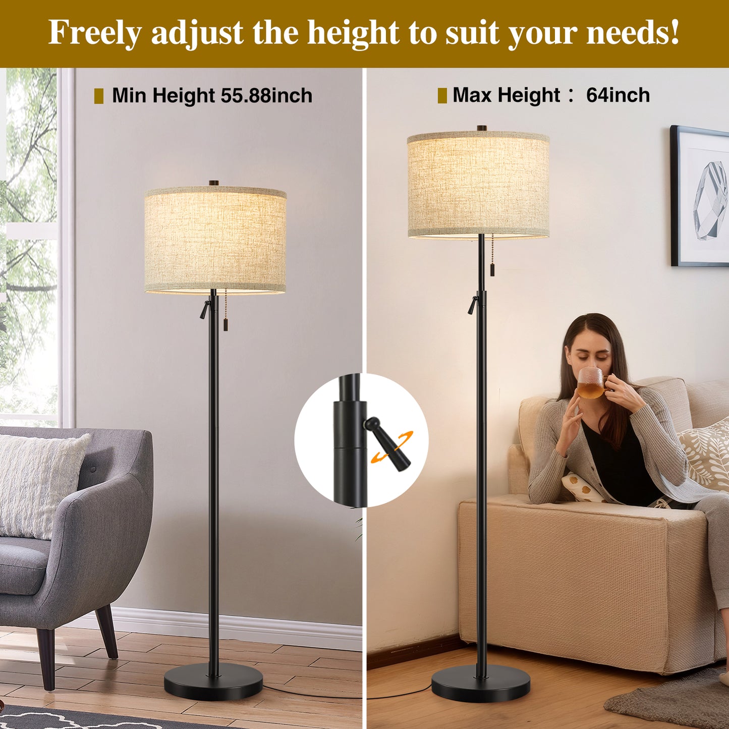 NATYSWAN Modern Floor Lamp for Living Room, Adjustable Height Standing Lamp with Marble Base Tall Lamp with Pull Chain Switch Floor Lamps for Living Room, Bedroom & Office Bulbs Not Included