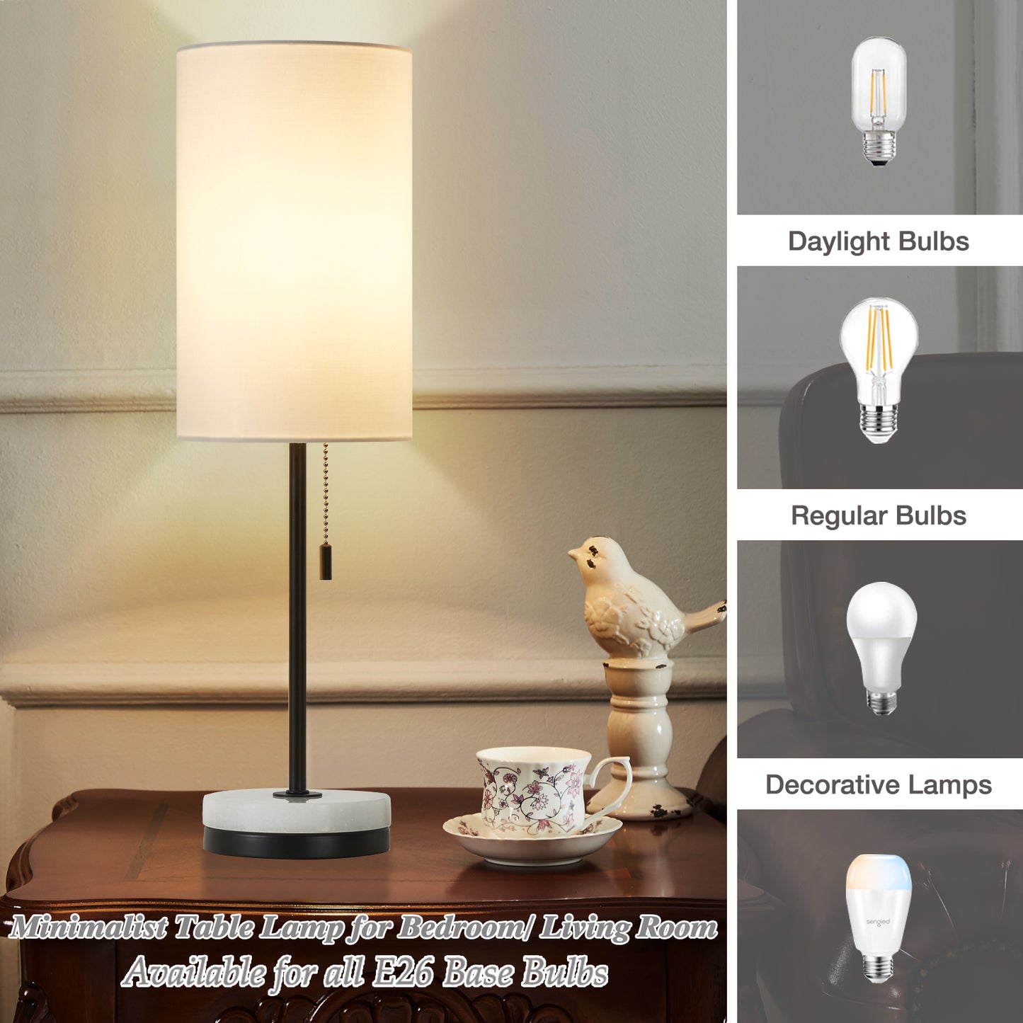 NATYSWAN Minimalist Table Lamp Set of 2, Nightstand Lamp for Bedroom Living Room, Modern Pull Chain Bedside Lamp with Marble Base, Fabric Shade, Small Desk Lamp for Home, Office, Reading