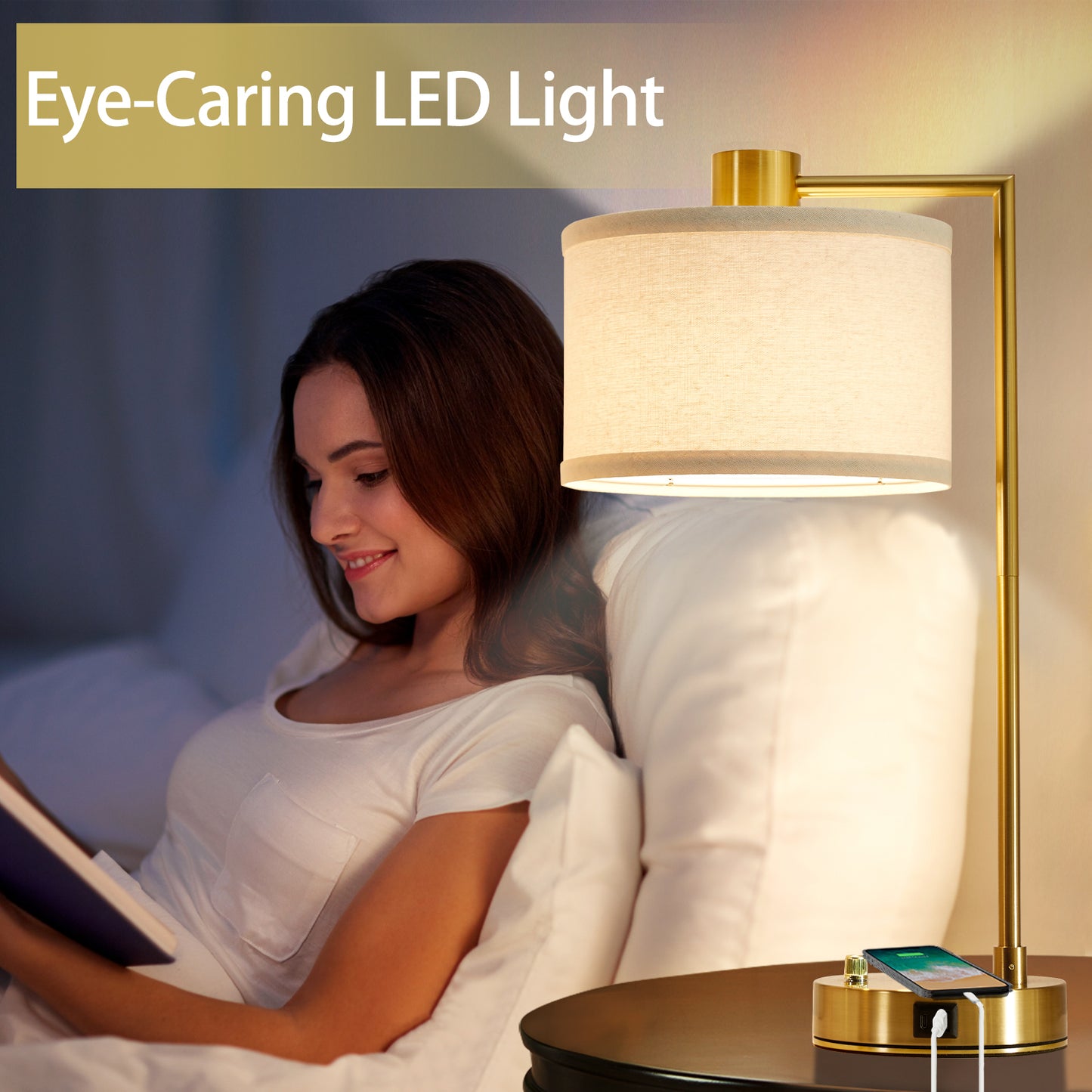 NATYSWAN Table Lamp for Bedroom Set of 2 with USB C+A Ports, Fully Stepless Dimmable Bedside Lamp with Linen Lampshade, Nightstand Lamp for Living Room Reading Office, 2 LED Bulbs Included