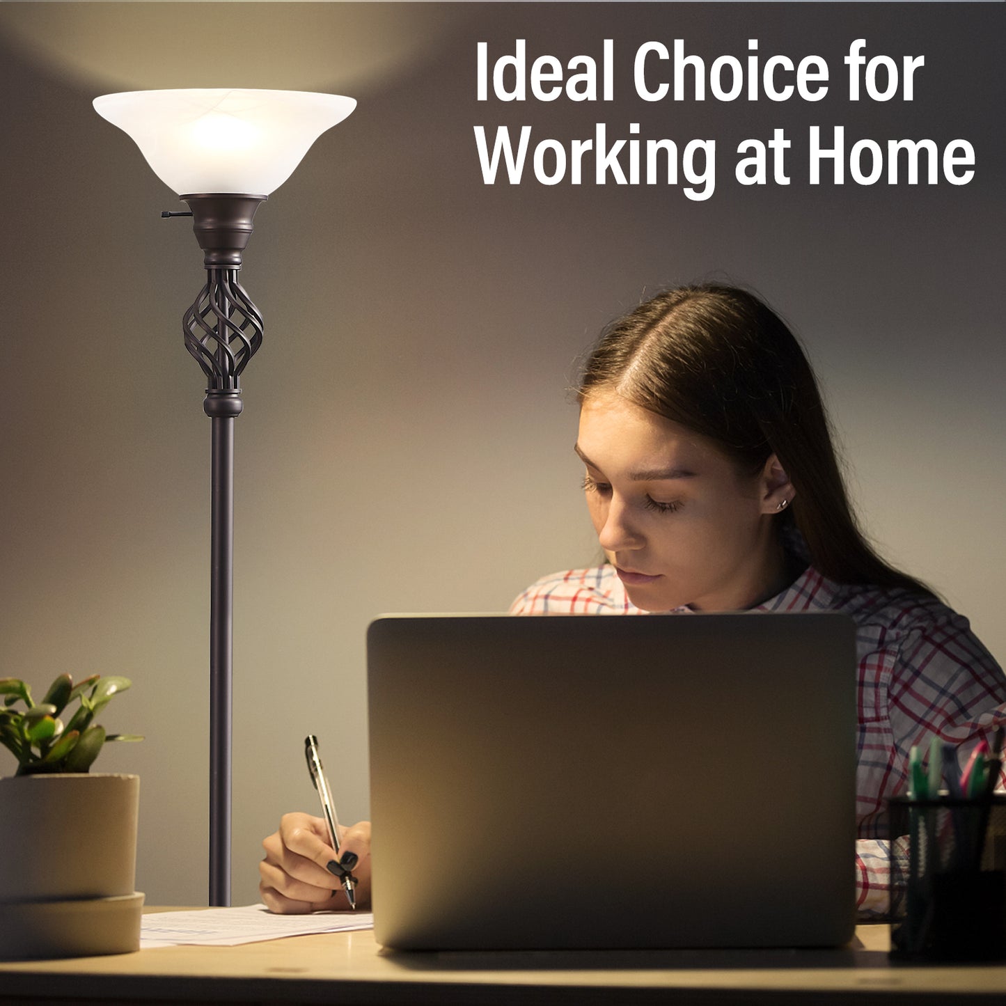 NATYSWAN Standing Lamp with Adjustable Side Reading Light, Floor Lamps for Living Room with Glass Shade 72-Inch Torchiere Tall Lamps Decor for Bedroom Living Room Den Office (Bulb Included)