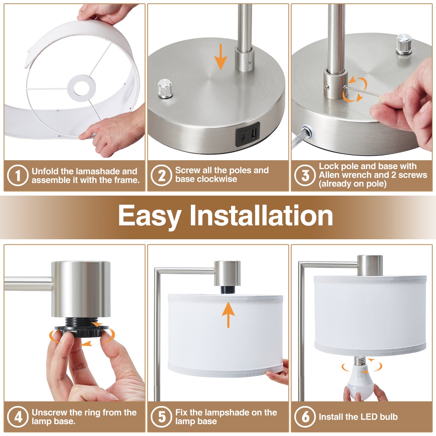 NATYSWAN Table Lamp for Bedroom Set of 2 with USB C+A Ports, Fully Stepless Dimmable Bedside Lamp with Linen Lampshade, Nightstand Lamp for Living Room Reading Office, 2 LED Bulbs Included