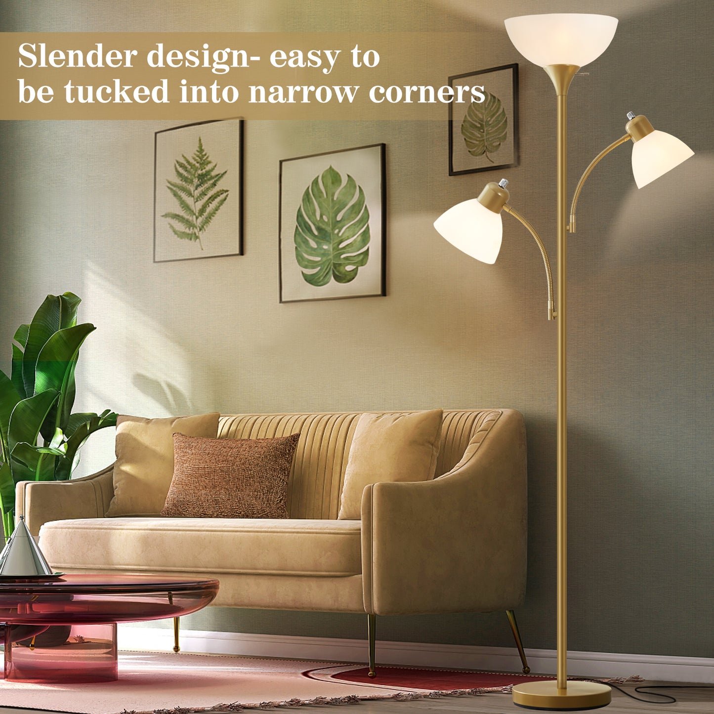 NATYSWAN Floor Lamps for Living Room,Torchiere Floor Lamp with 8W Adjustable Reading Lights, Morden Tall Lamps for Living Room, Bedroom, Office, 3 Bulbs Included