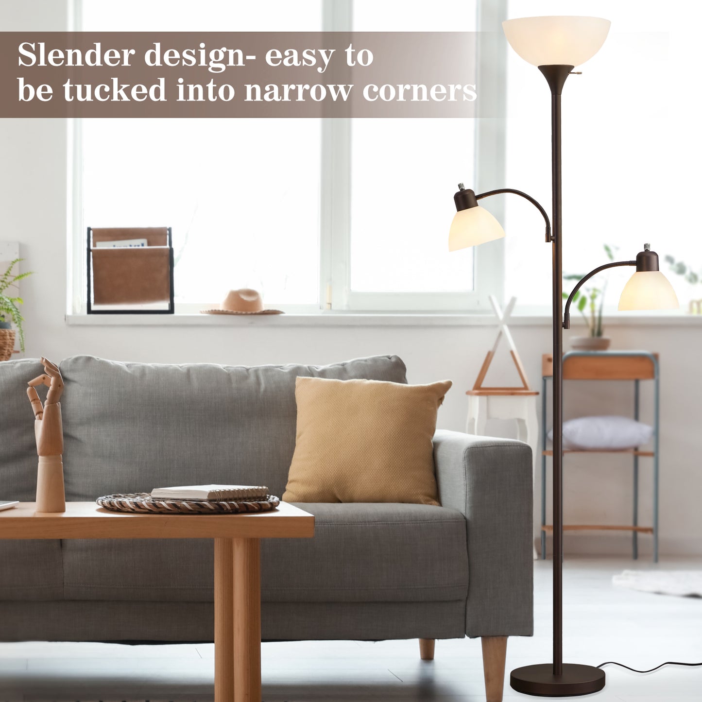 NATYSWAN Floor Lamps for Living Room,Torchiere Floor Lamp with 8W Adjustable Reading Lights, Morden Tall Lamps for Living Room, Bedroom, Office, 3 Bulbs Included