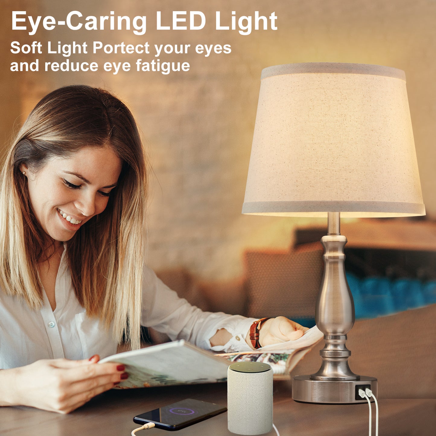 NATYSWAN Table Lamps Set of 2, Lamps for Bedroom with USB Charging Ports, 3 Way Dimmable Touch with Linen Fabric Lampshade, Modern Small Lamp for Nightstand, Living Room (Bulbs Included)