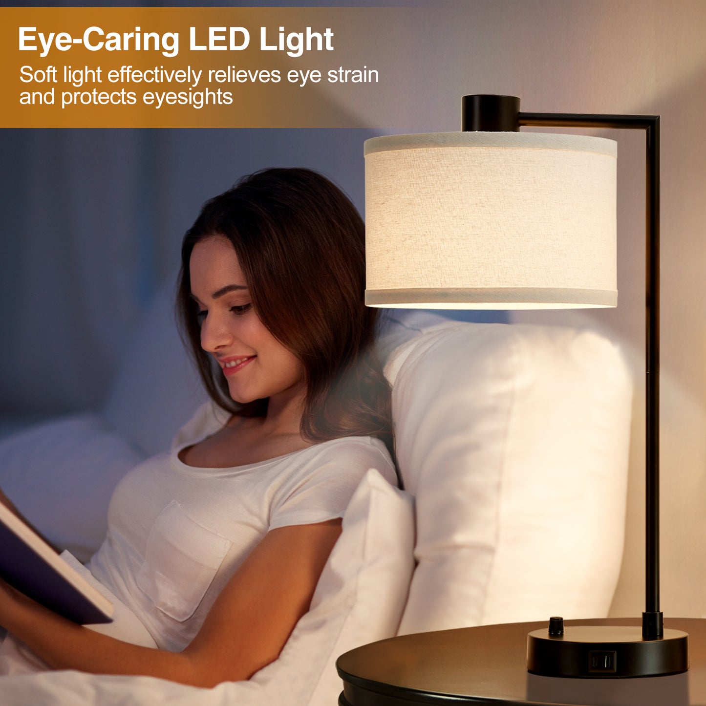 NATYSWAN Table Lamp for Bedroom Set of 2 with USB C+A Ports, Fully Stepless Dimmable Bedside Lamp with Linen Lampshade, Nightstand Lamp for Living Room Reading Office, 2 LED Bulbs Included