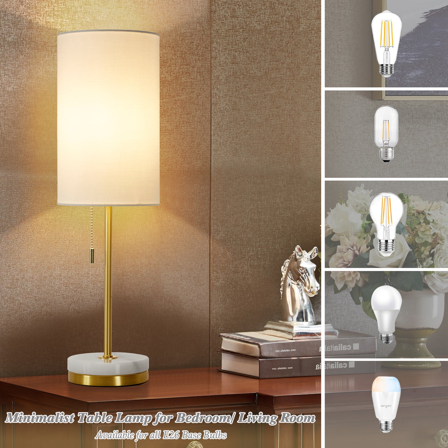 NATYSWAN Minimalist Table Lamp Set of 2, Nightstand Lamp for Bedroom Living Room, Modern Pull Chain Bedside Lamp with Marble Base, Fabric Shade, Small Desk Lamp for Home, Office, Reading