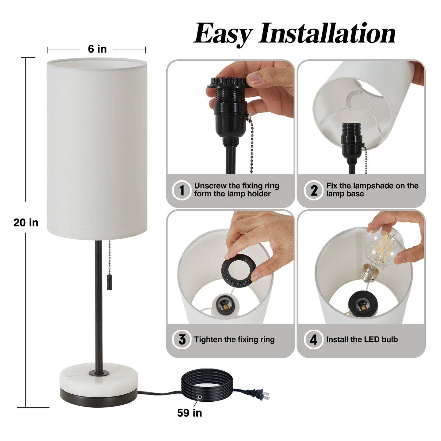 NATYSWAN Minimalist Table Lamp Set of 2, Nightstand Lamp for Bedroom Living Room, Modern Pull Chain Bedside Lamp with Marble Base, Fabric Shade, Small Desk Lamp for Home, Office, Reading