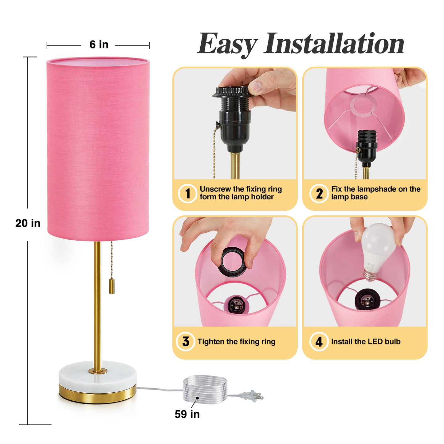 NATYSWAN Minimalist Table Lamp Set of 2, Nightstand Lamp for Bedroom Living Room, Modern Pull Chain Bedside Lamp with Marble Base, Fabric Shade, Small Desk Lamp for Home, Office, Reading