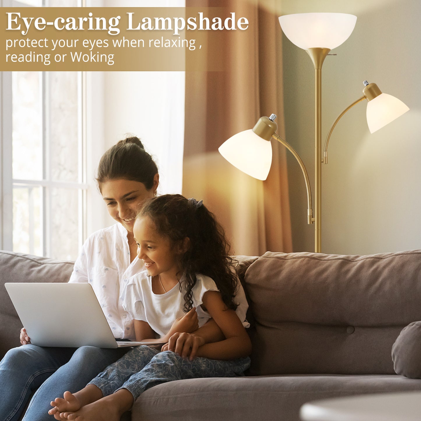 NATYSWAN Floor Lamps for Living Room,Torchiere Floor Lamp with 8W Adjustable Reading Lights, Morden Tall Lamps for Living Room, Bedroom, Office, 3 Bulbs Included