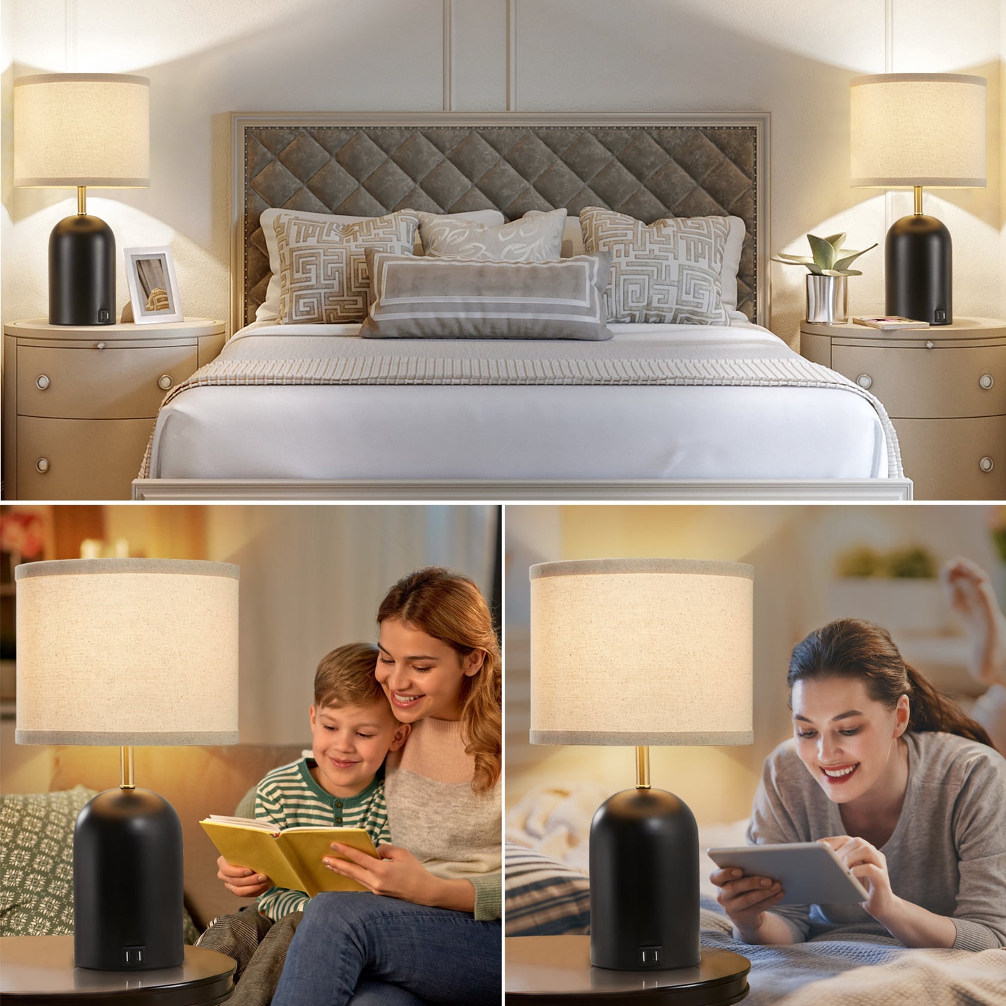 Natyswan Touch Control Table Lamps Set of 2, Modern Bedside Lamp with 2 USB Ports, 3-Way Dimmable Black Nightstand Lamp with Fabric Shade for Living Room Bedroom Office Dorm (LED Bulbs Included)