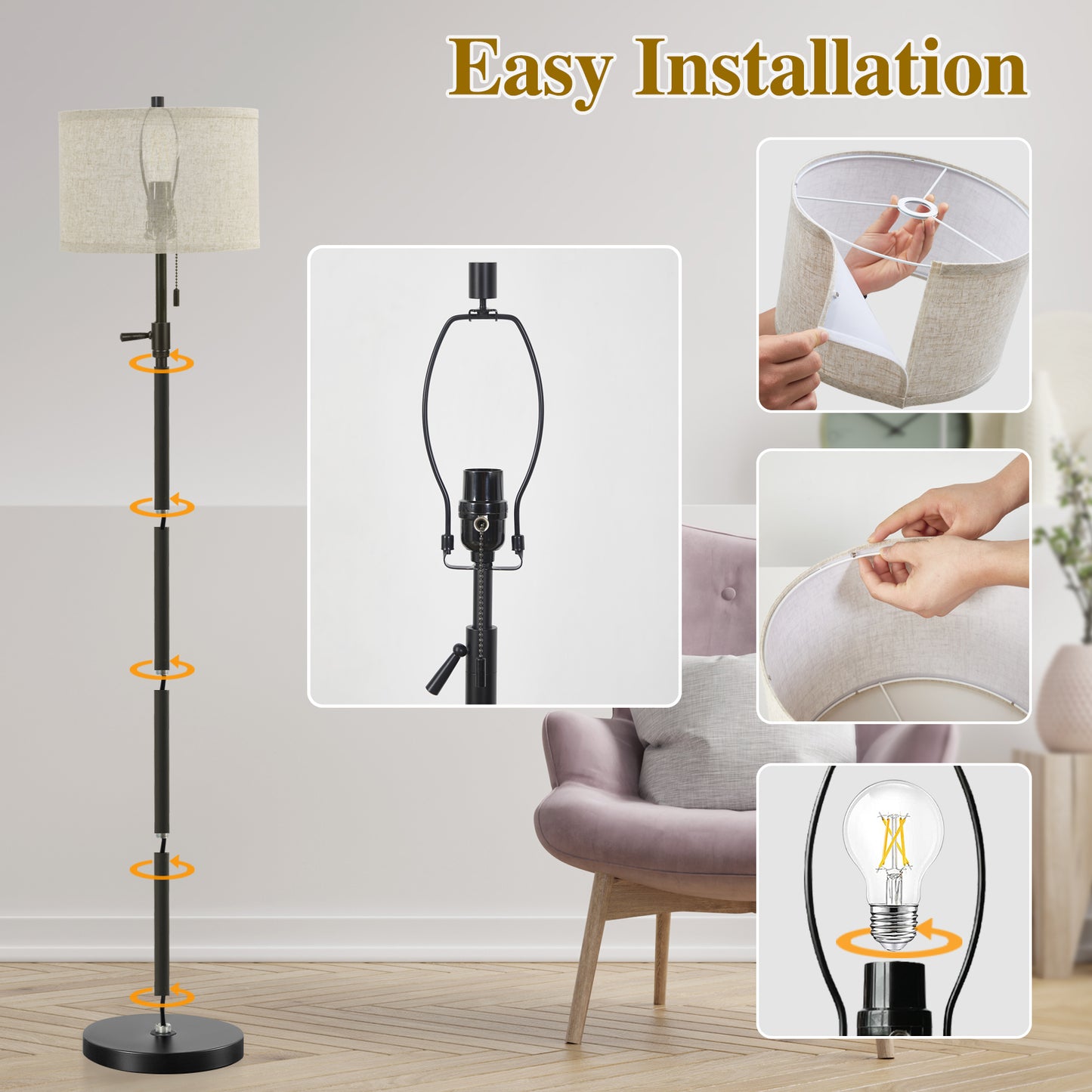 NATYSWAN Modern Floor Lamp for Living Room, Adjustable Height Standing Lamp with Marble Base Tall Lamp with Pull Chain Switch Floor Lamps for Living Room, Bedroom & Office Bulbs Not Included
