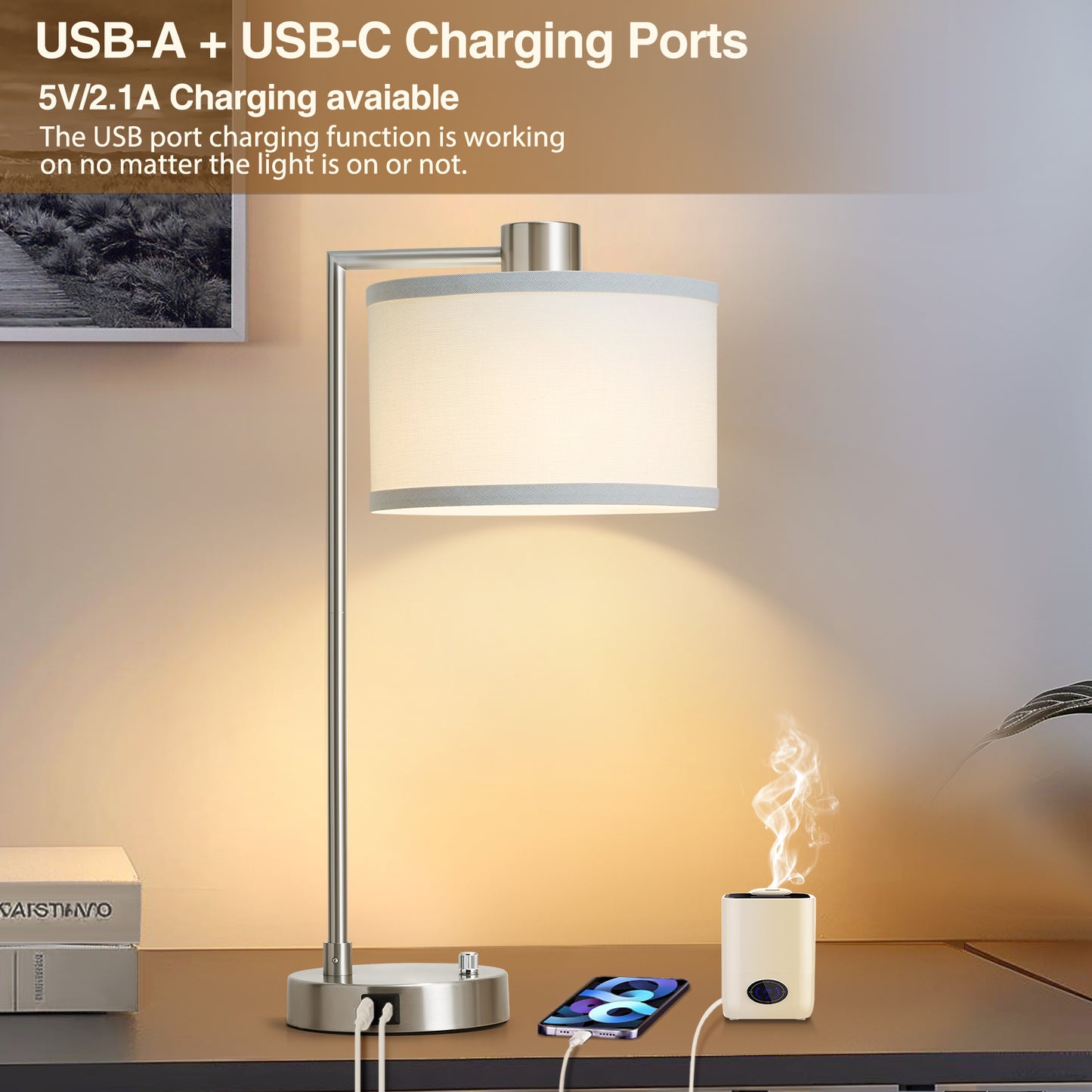 NATYSWAN Table Lamp for Bedroom Set of 2 with USB C+A Ports, Fully Stepless Dimmable Bedside Lamp with Linen Lampshade, Nightstand Lamp for Living Room Reading Office, 2 LED Bulbs Included