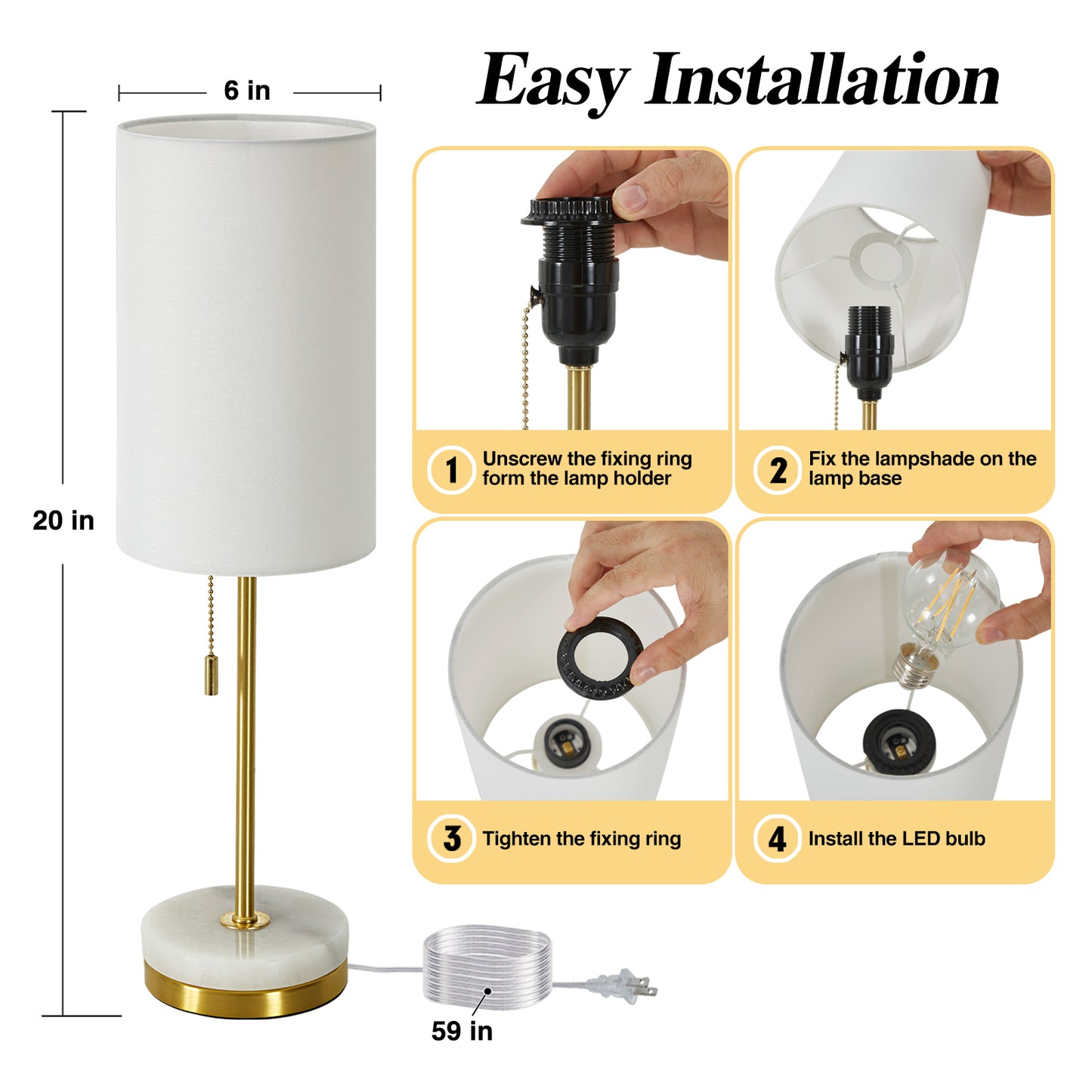 NATYSWAN Minimalist Table Lamp Set of 2, Nightstand Lamp for Bedroom Living Room, Modern Pull Chain Bedside Lamp with Marble Base, Fabric Shade, Small Desk Lamp for Home, Office, Reading