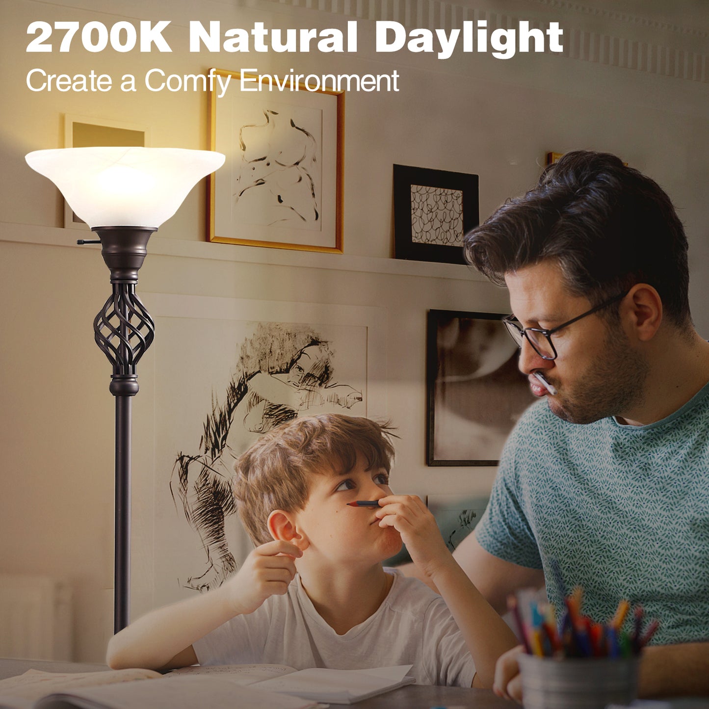 NATYSWAN Standing Lamp with Adjustable Side Reading Light, Floor Lamps for Living Room with Glass Shade 72-Inch Torchiere Tall Lamps Decor for Bedroom Living Room Den Office (Bulb Included)