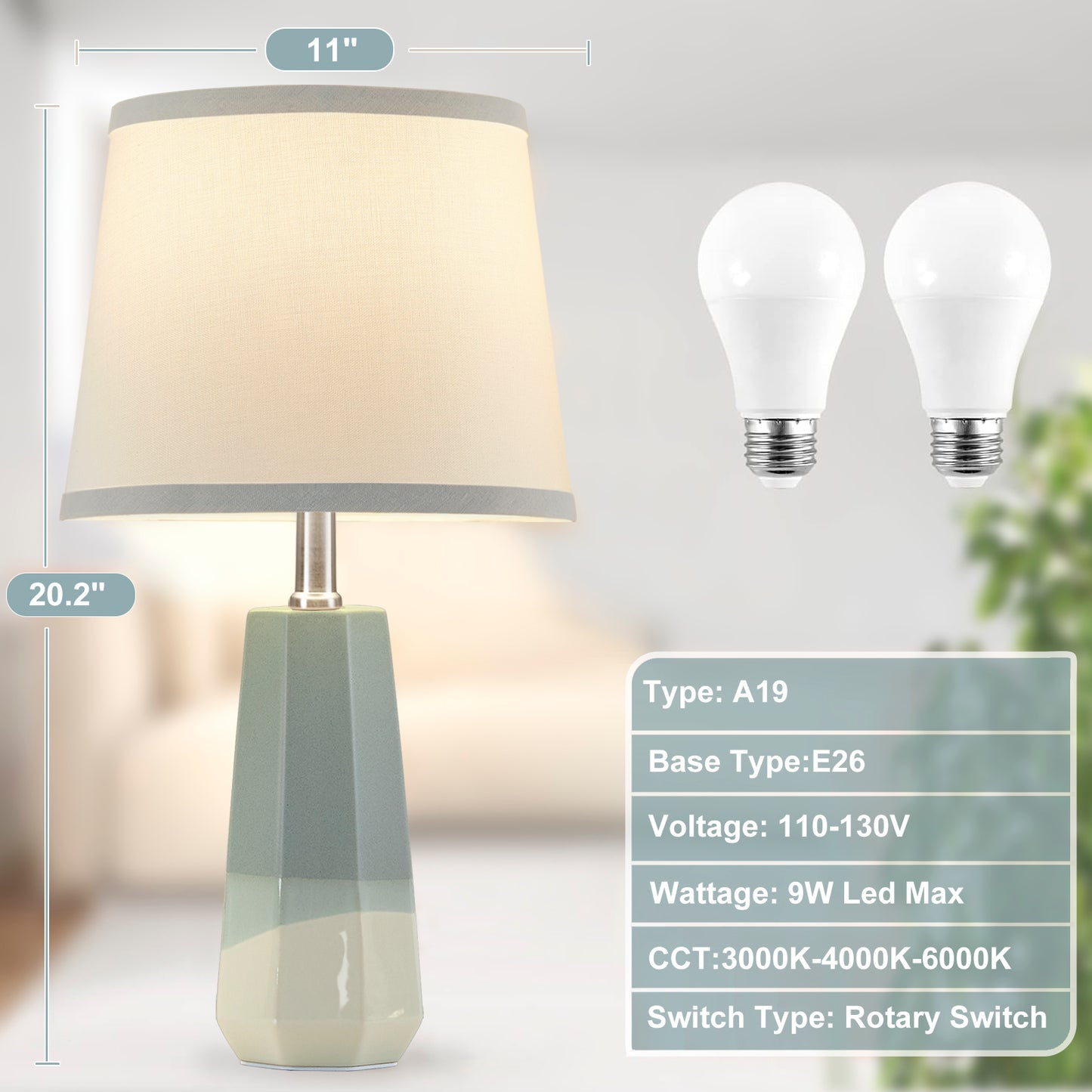 NATYSWAN 20.2" Ceramic Table Lamp Set of 2, Beside Lamps Nightstand Lamp Bedroom Lamp Modern Table Lamp for Living Room, Bedroom & Office Rocker Swtich LED Bulbs Included