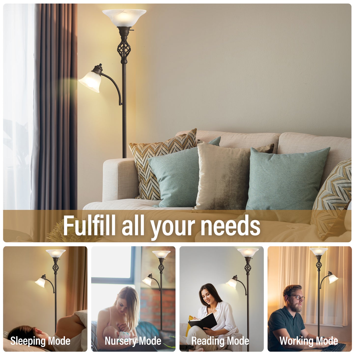 NATYSWAN Standing Lamp with Adjustable Side Reading Light, Floor Lamps for Living Room with Glass Shade 72-Inch Torchiere Tall Lamps Decor for Bedroom Living Room Den Office (Bulb Included)