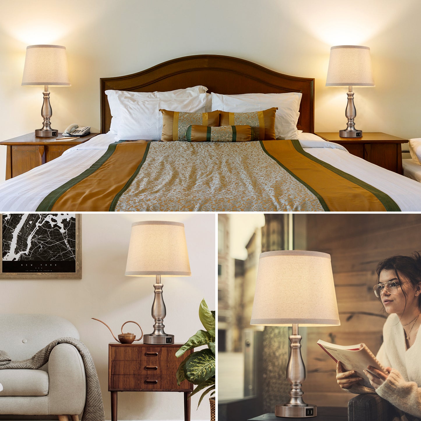 NATYSWAN Table Lamps Set of 2, Lamps for Bedroom with USB Charging Ports, 3 Way Dimmable Touch with Linen Fabric Lampshade, Modern Small Lamp for Nightstand, Living Room (Bulbs Included)