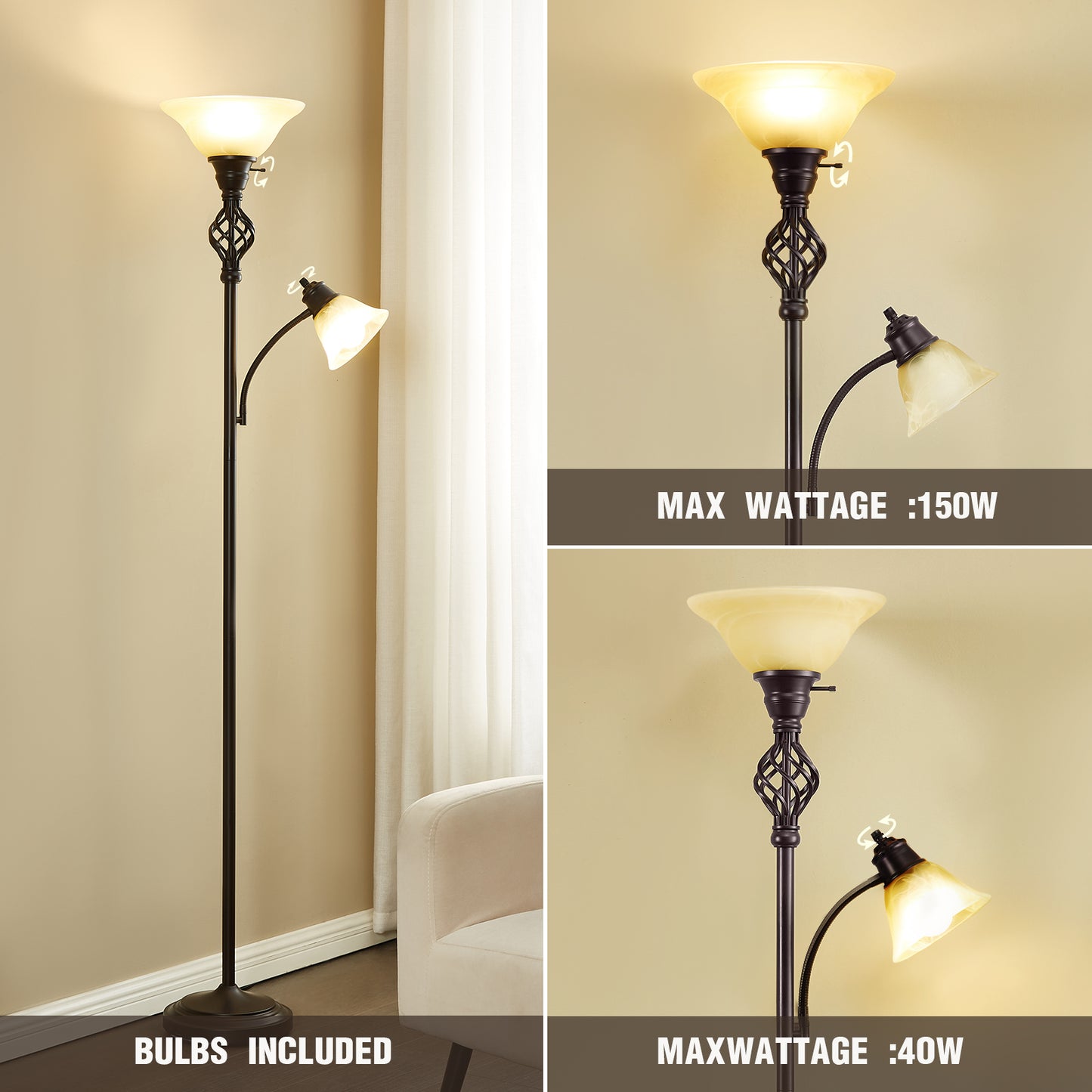 NATYSWAN Standing Lamp with Adjustable Side Reading Light, Floor Lamps for Living Room with Glass Shade 72-Inch Torchiere Tall Lamps Decor for Bedroom Living Room Den Office (Bulb Included)